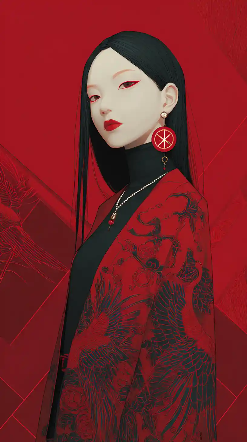 Elegant anime woman in red kimono against geometric crimson background
