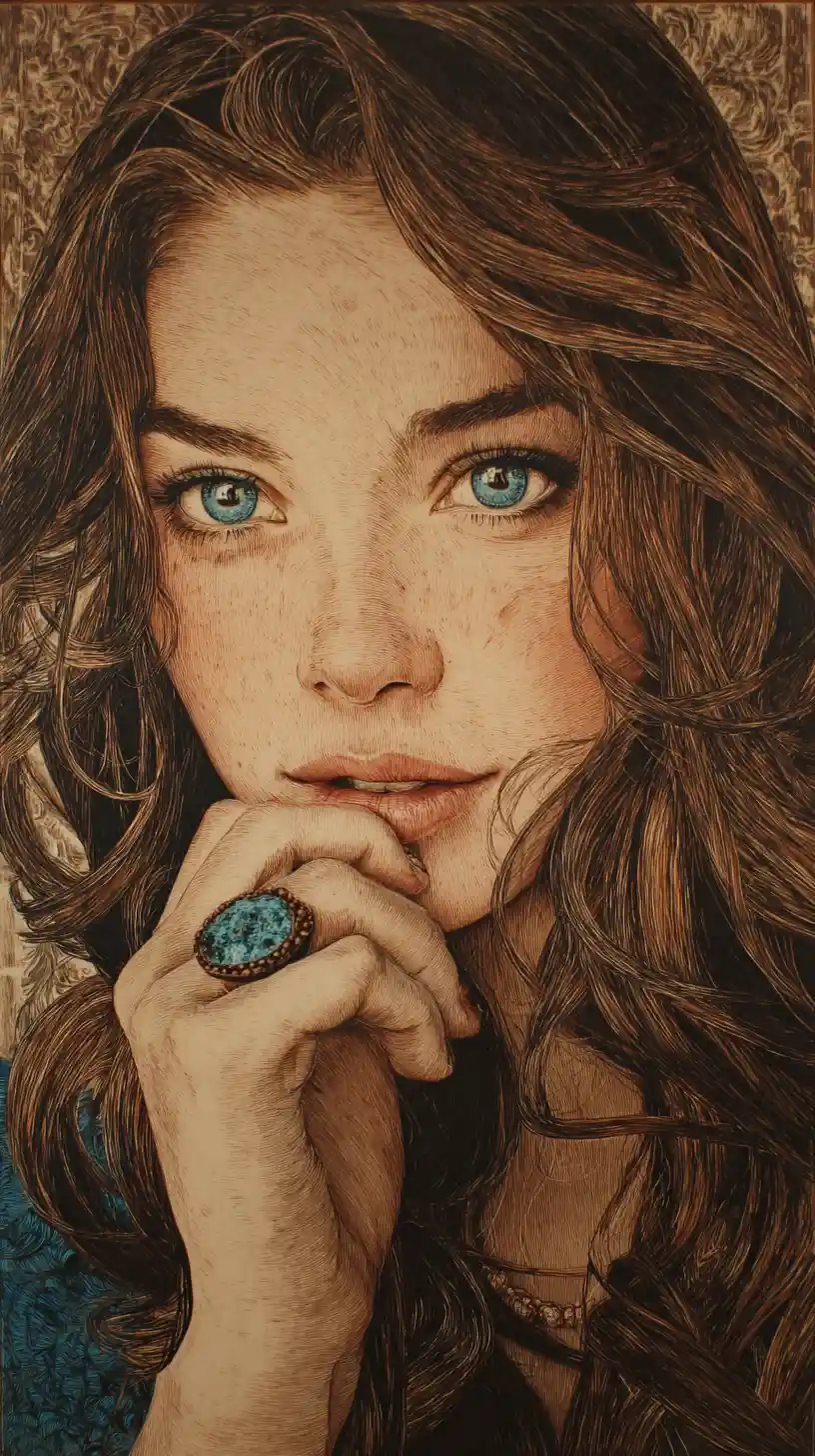 Modern girl portrait with wavy brown hair and blue eyes