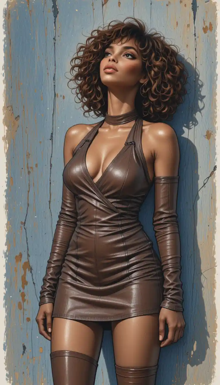 Confident woman in brown leather dress pencil illustration