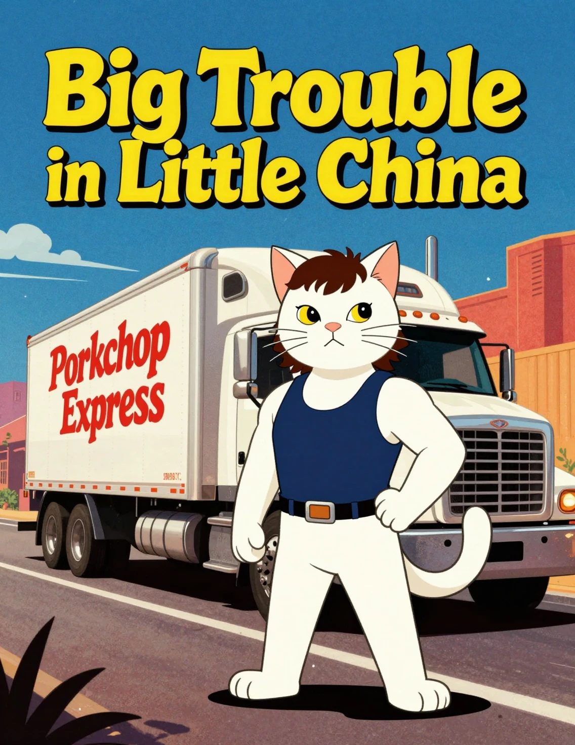 Retro cat movie poster with truck and bold 1980s style