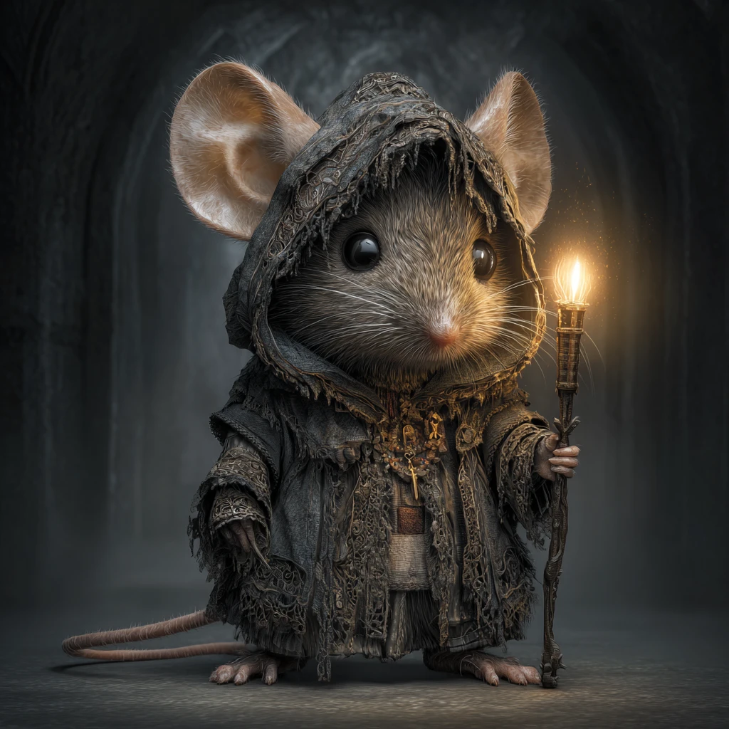 Tiny cloaked mouse with torch in a dark mystical scene