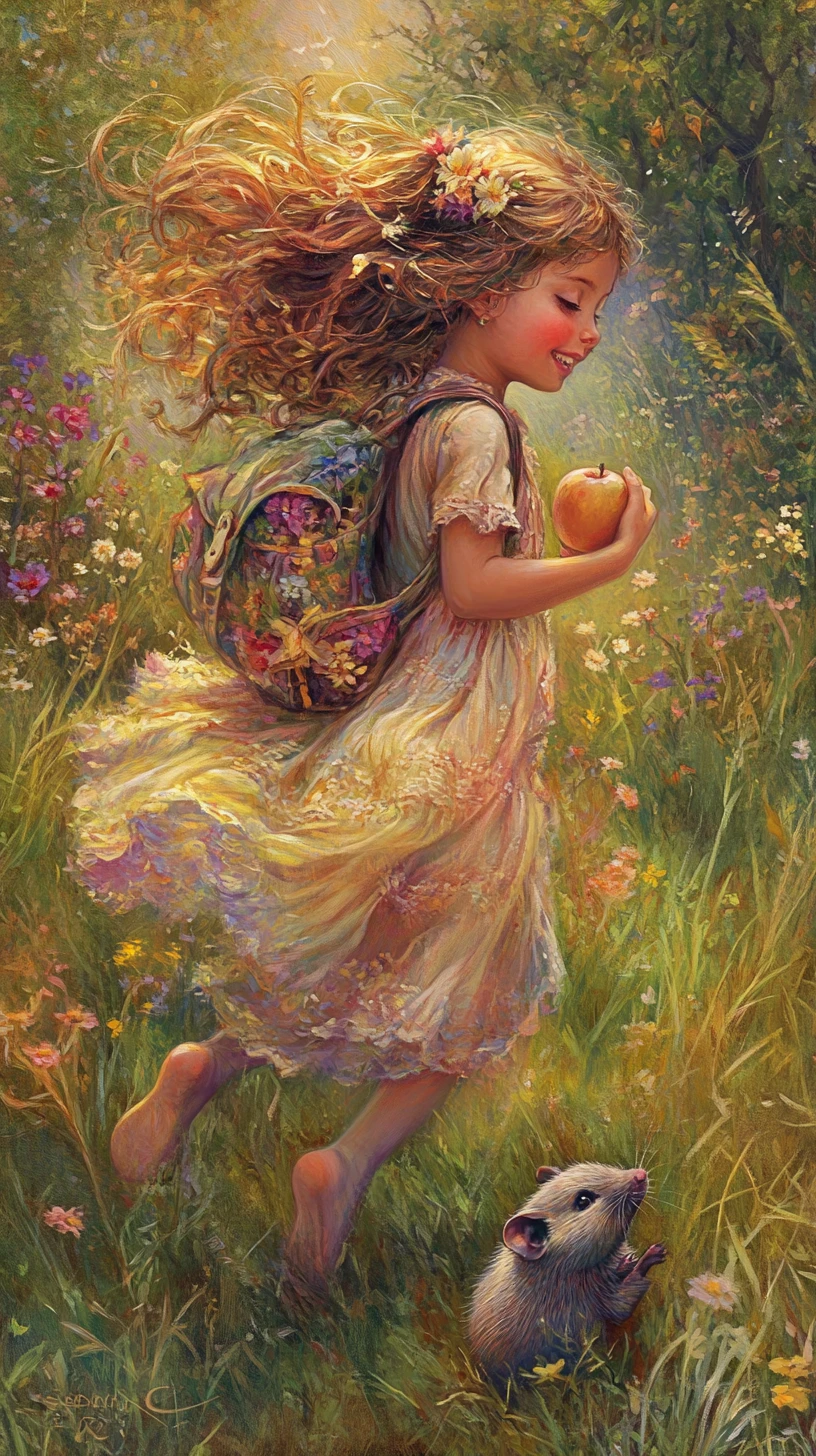 Happy girl hopping through a sunlit meadow with flowers