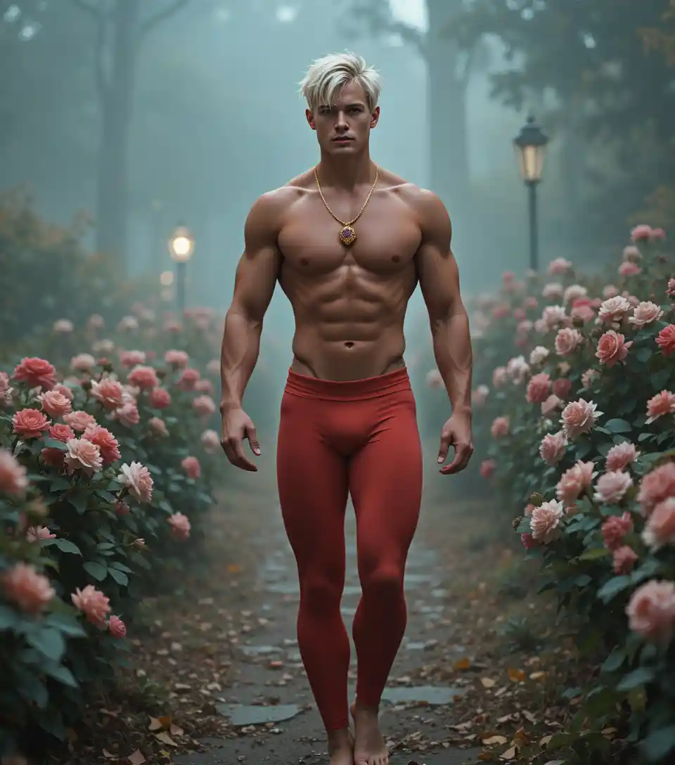 Barefoot blond young man walking through misty garden