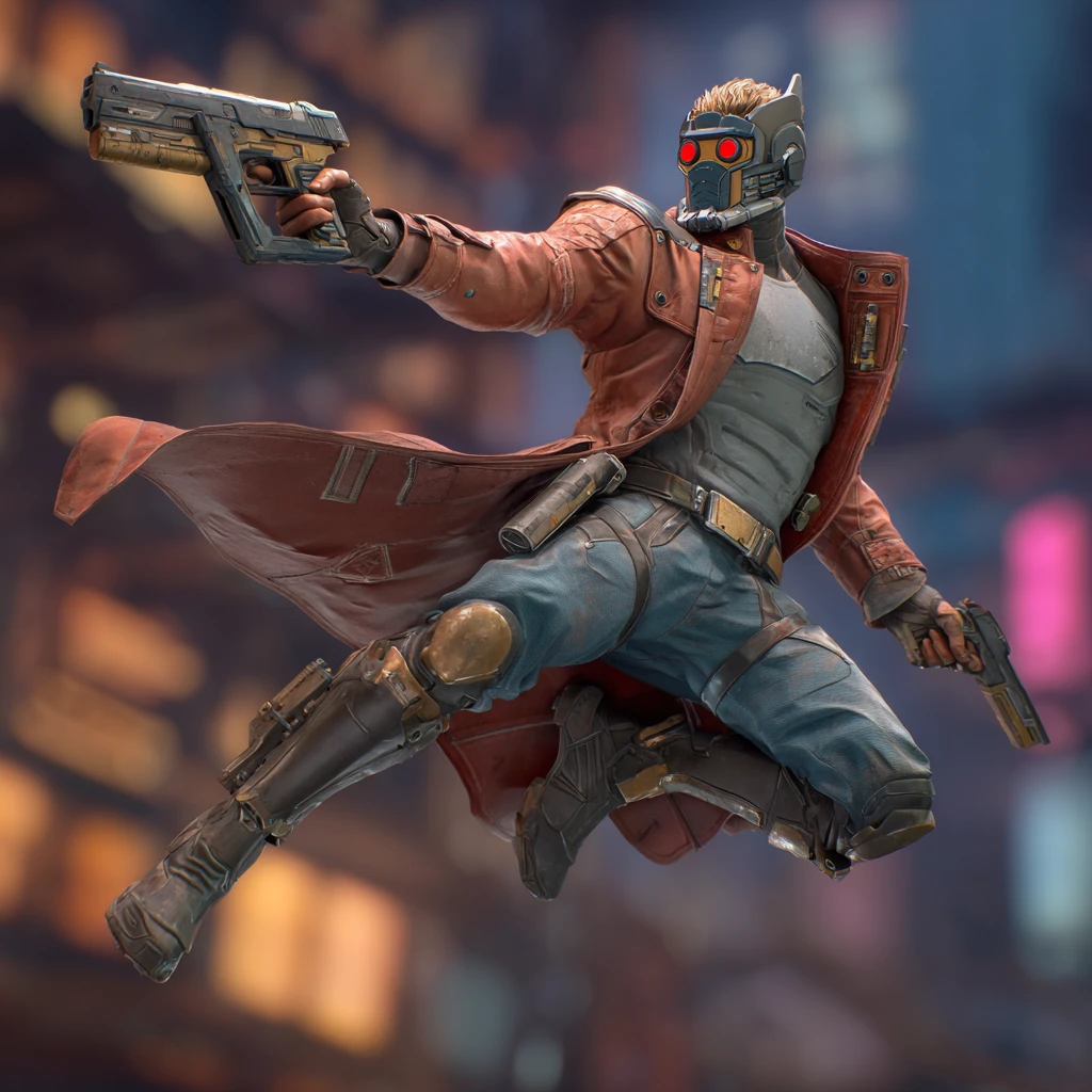 Cyberpunk guardian warrior aiming a handgun in motion