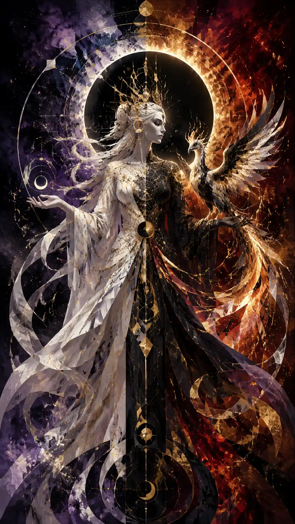 Abstract eclipse sorceress with cosmic phoenix companion