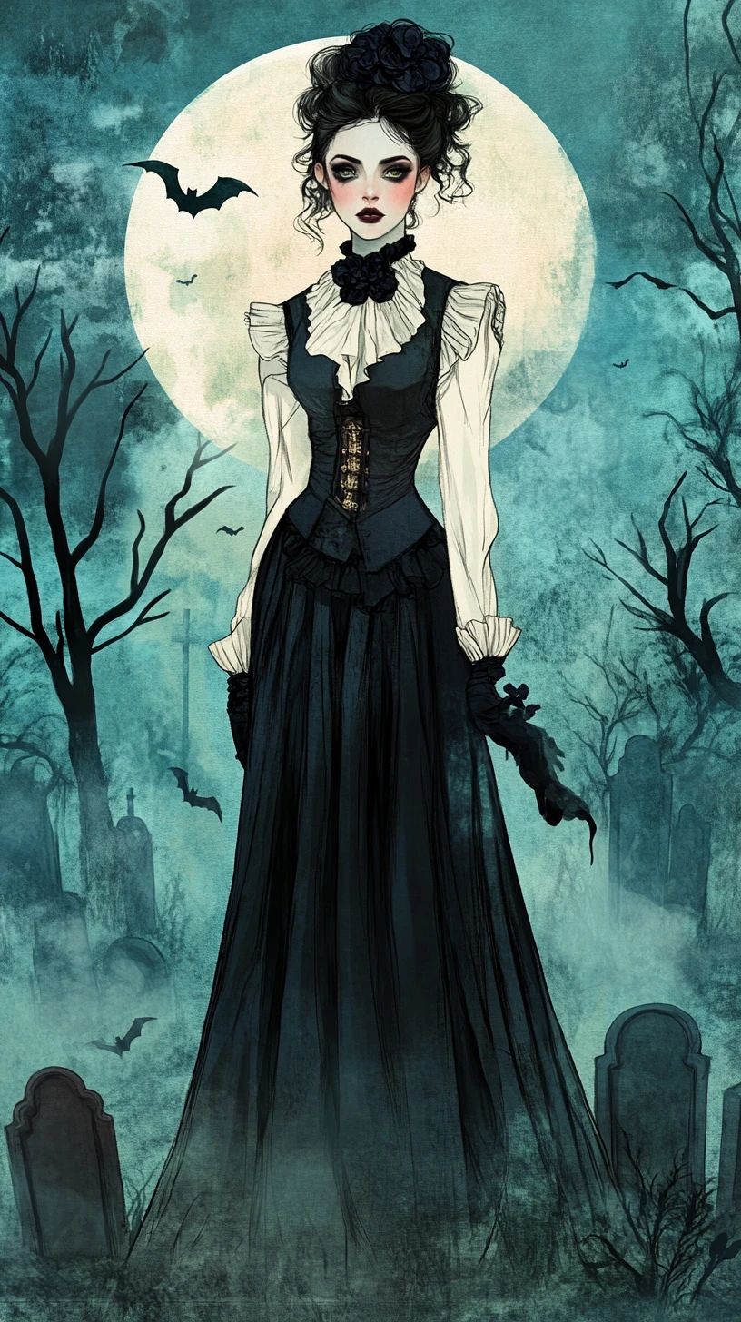 Gothic woman in moonlit graveyard with swirling fog