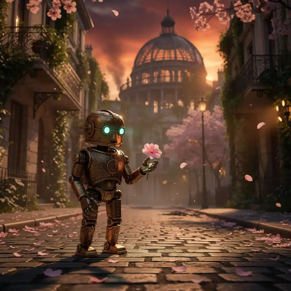Tiny steampunk robot holding a single pink flower