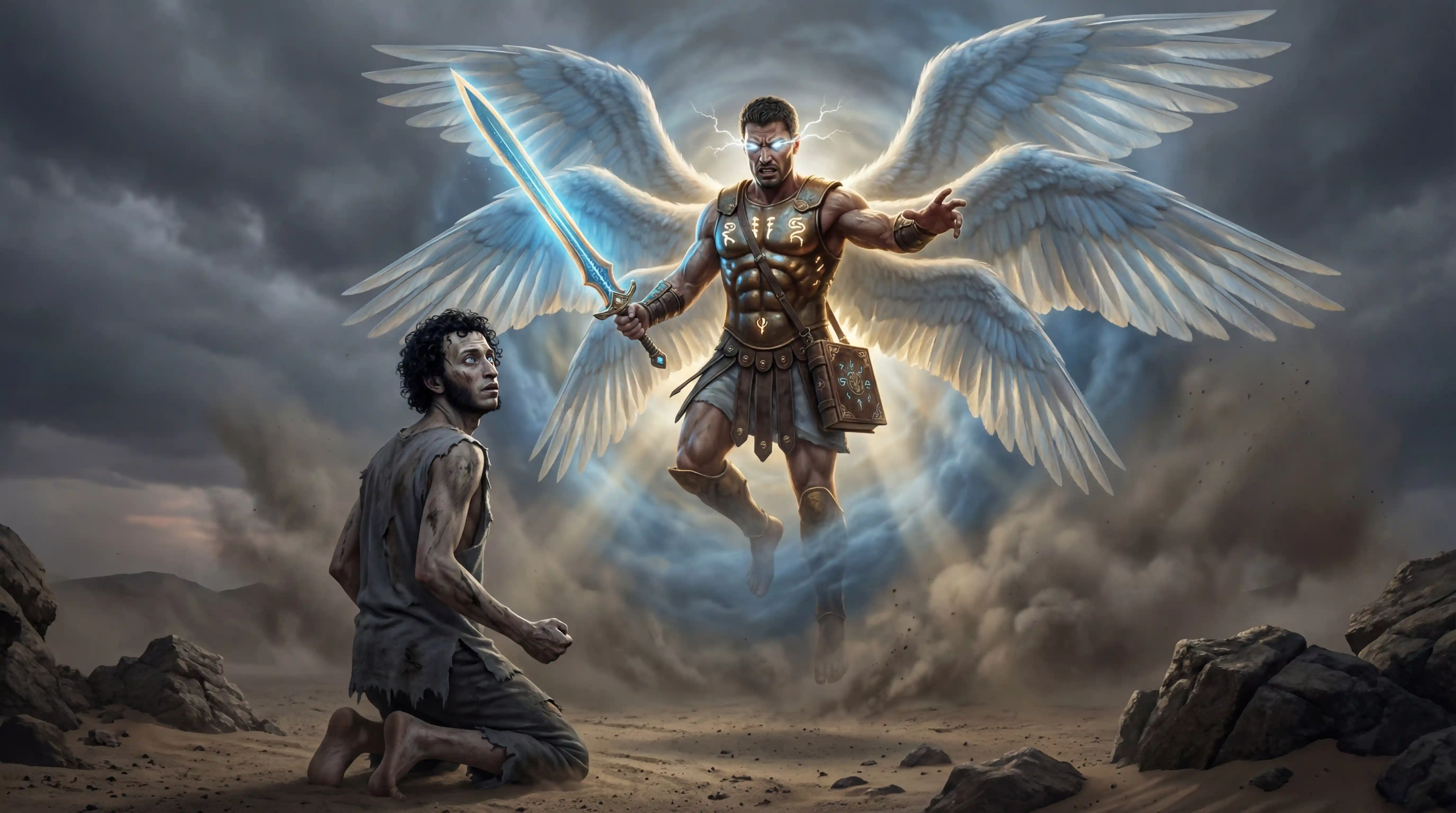 Angel of wrath confronting a lone sinner in desert twilight