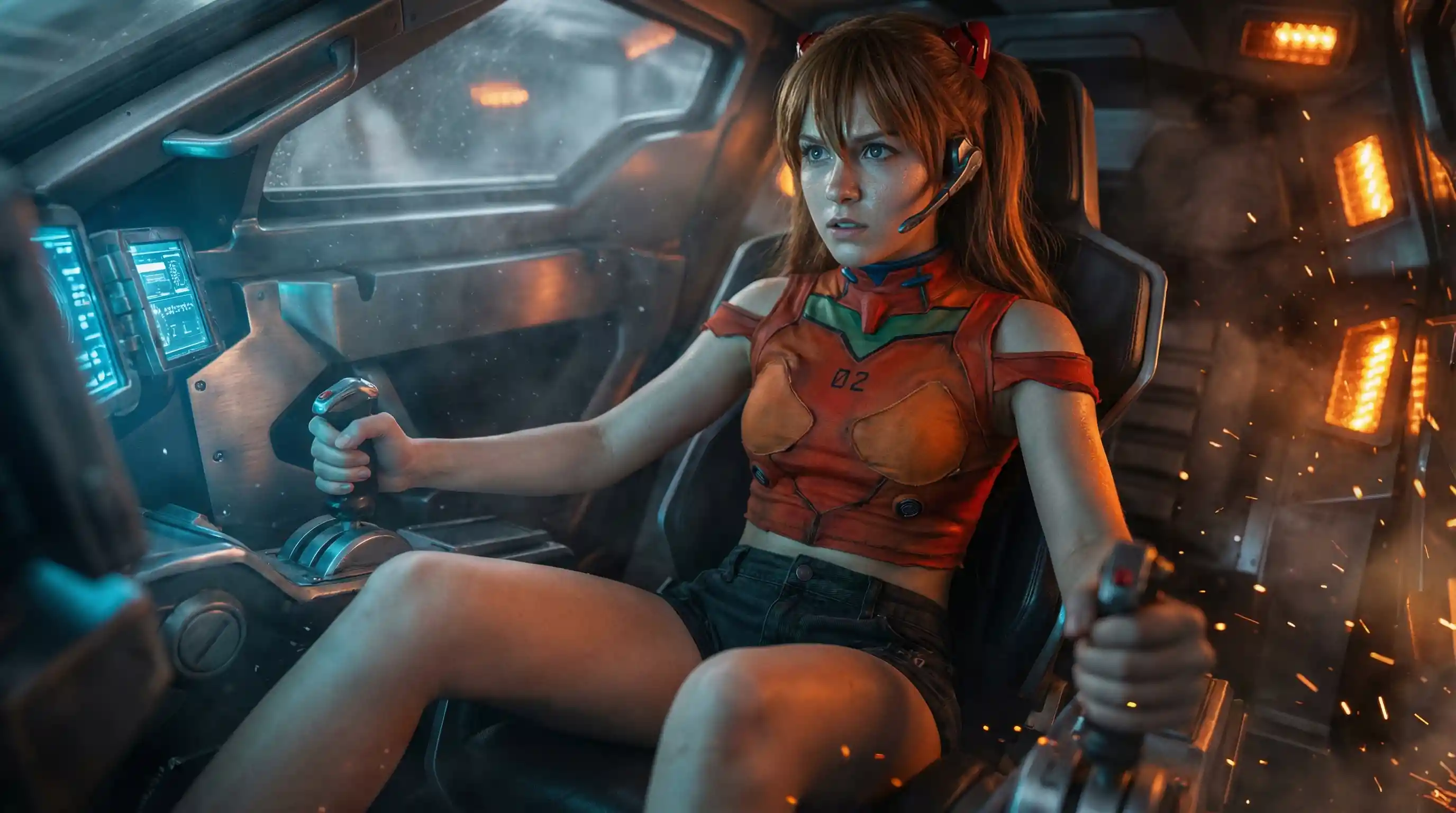 Teen pilot in futuristic cockpit under dramatic lighting