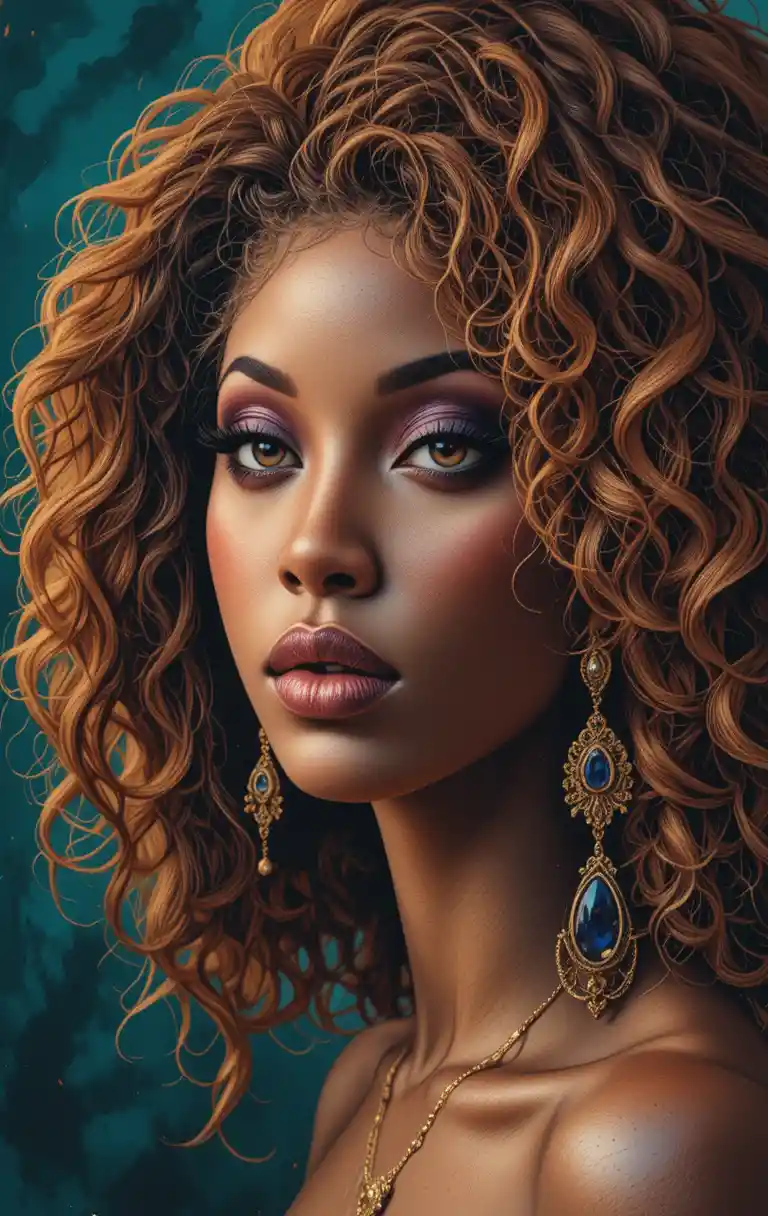 Close up portrait of a woman with curly highlighted hair