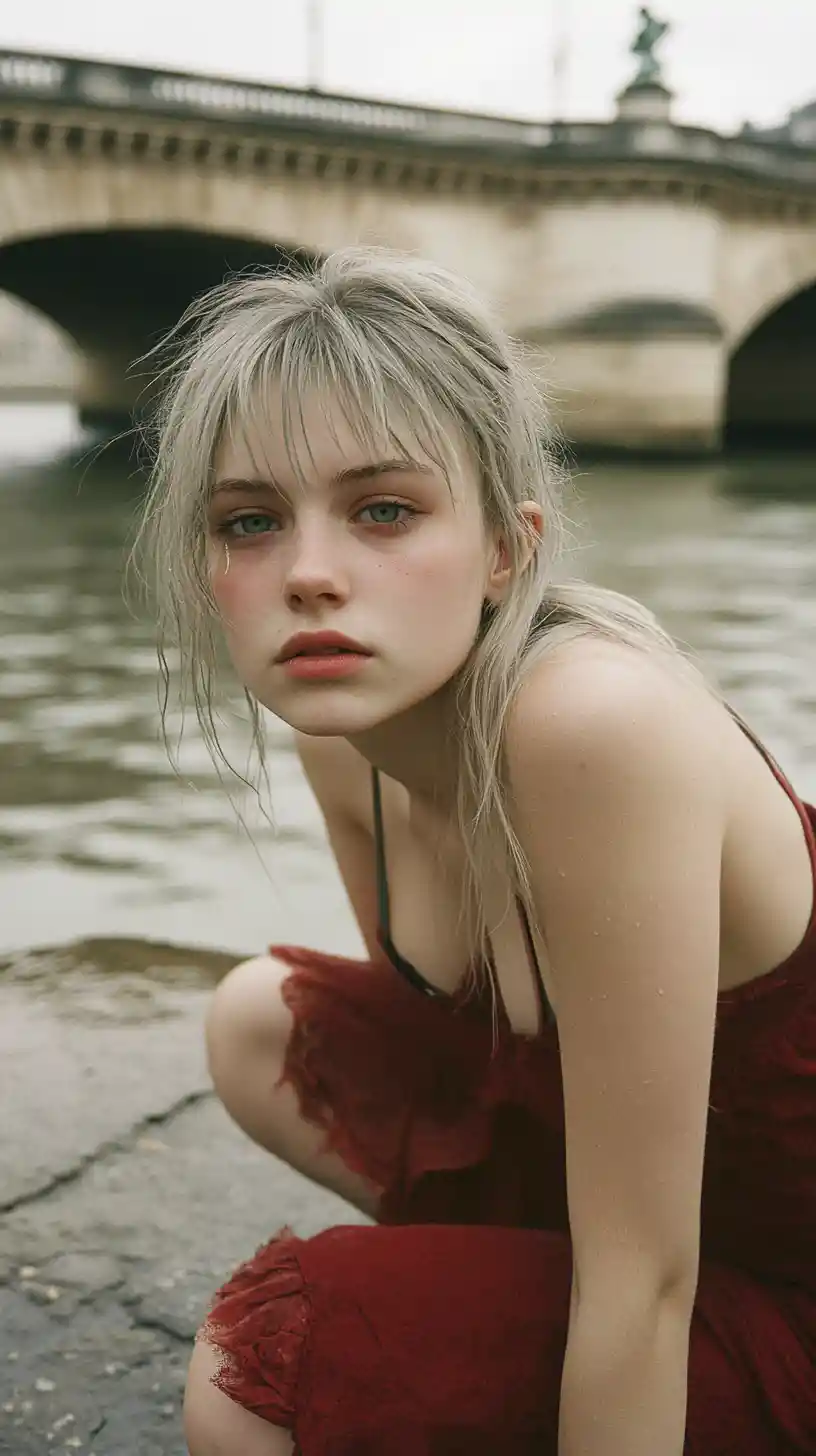 Young woman in red dress by the Seine in tears
