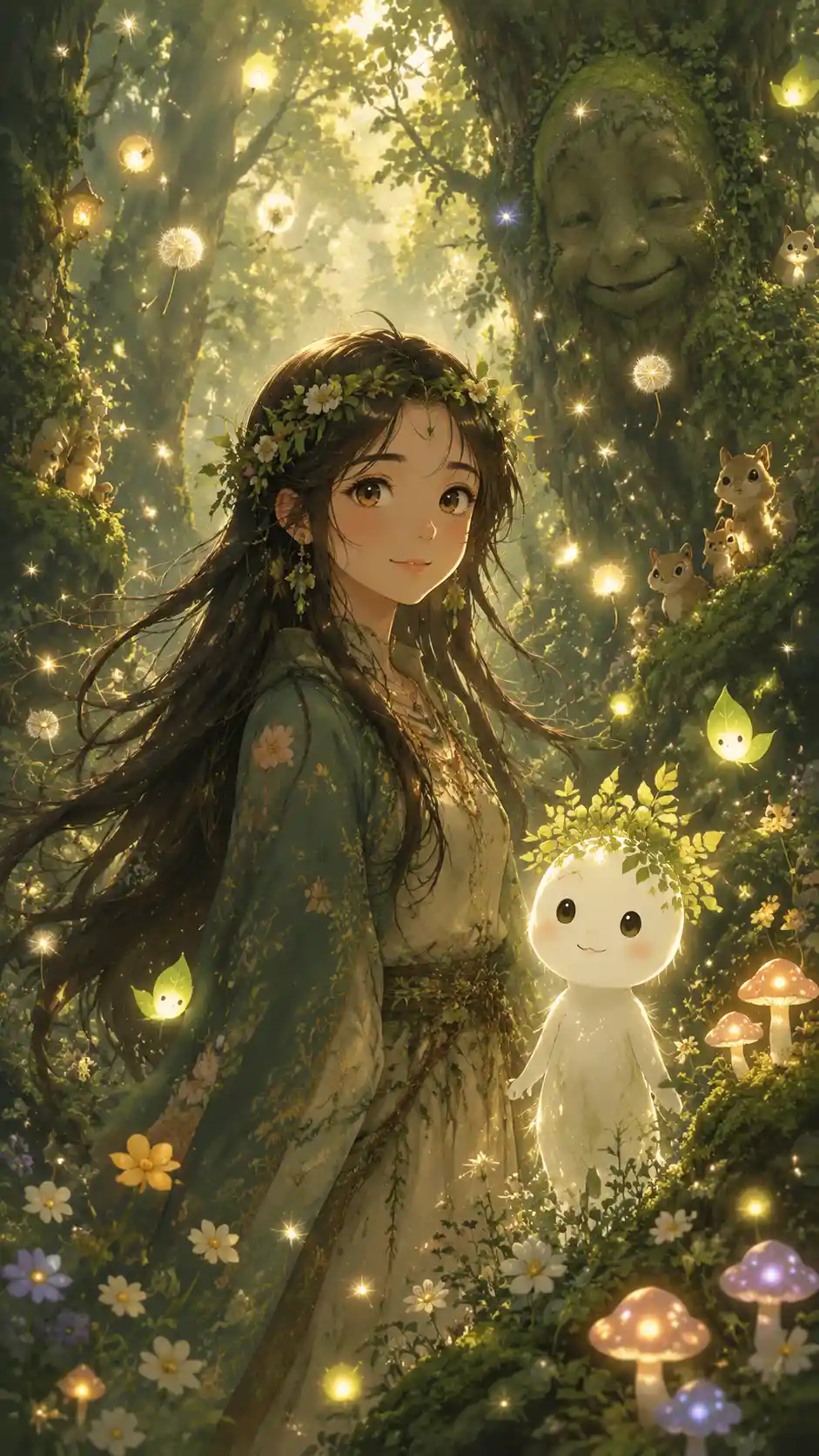 Gentle anime girl with forest spirit in glowing woodland