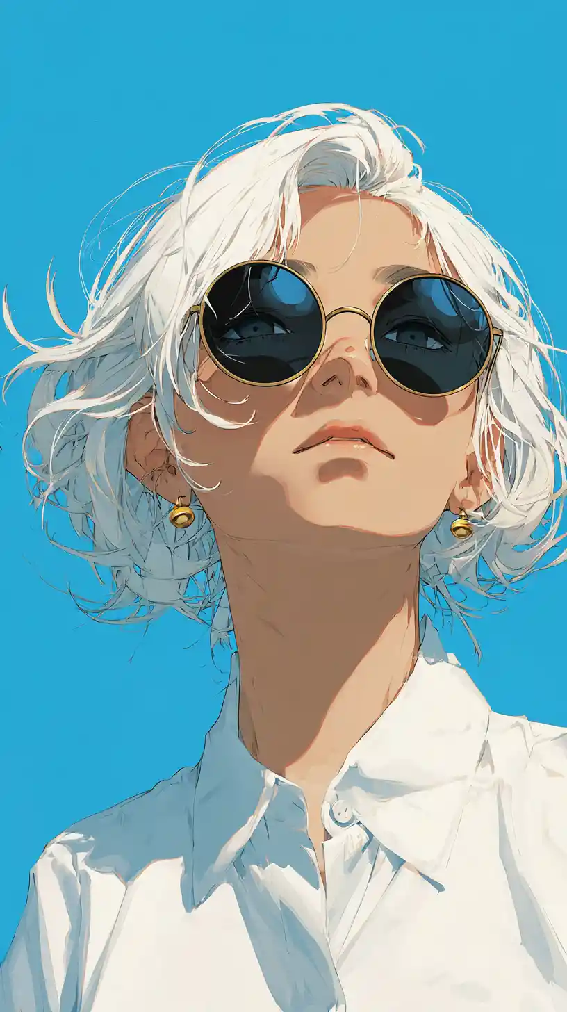 Anime girl portrait with white hair and round sunglasses