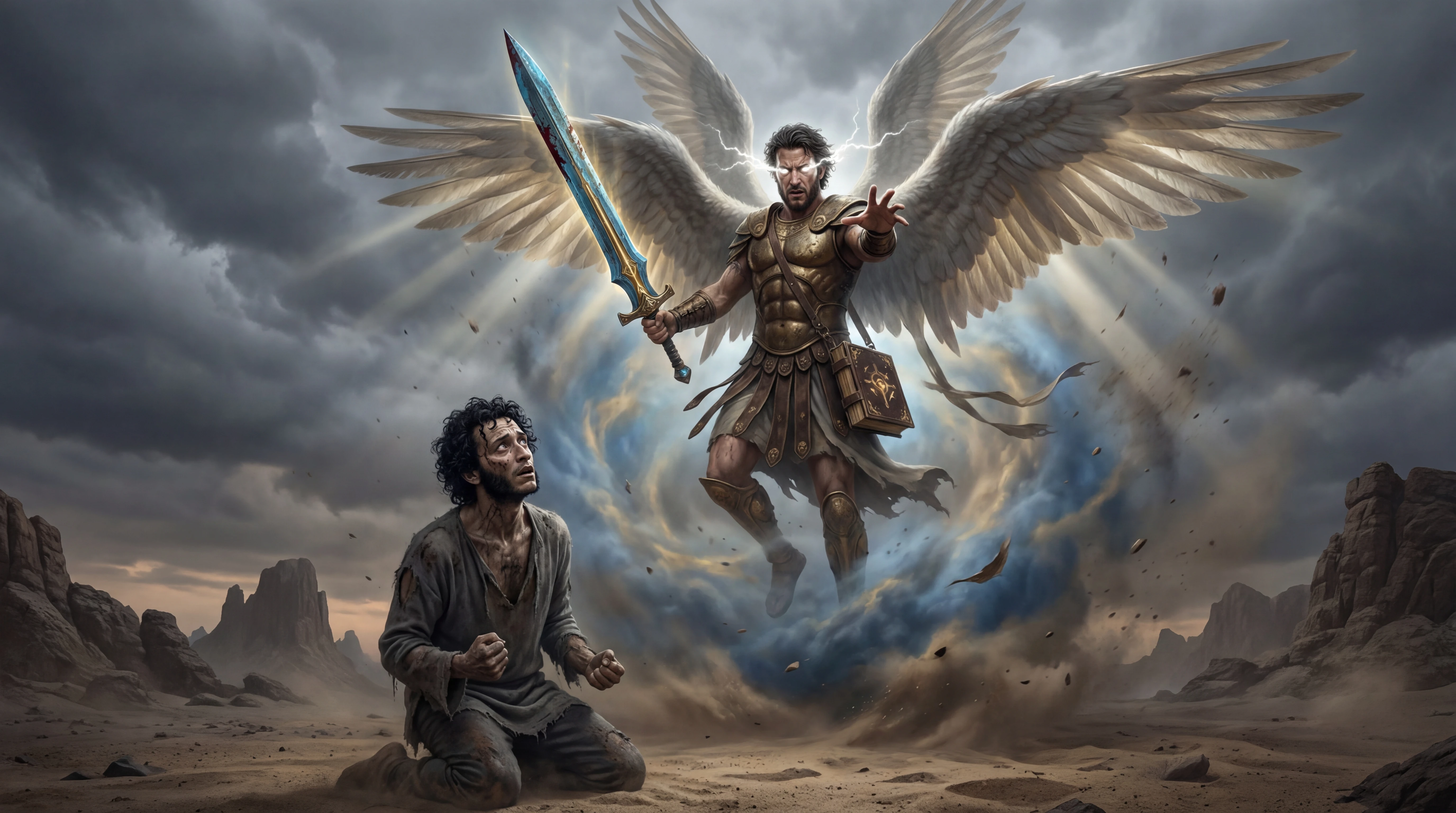 Angel of wrath towering above a despairing desert sinner