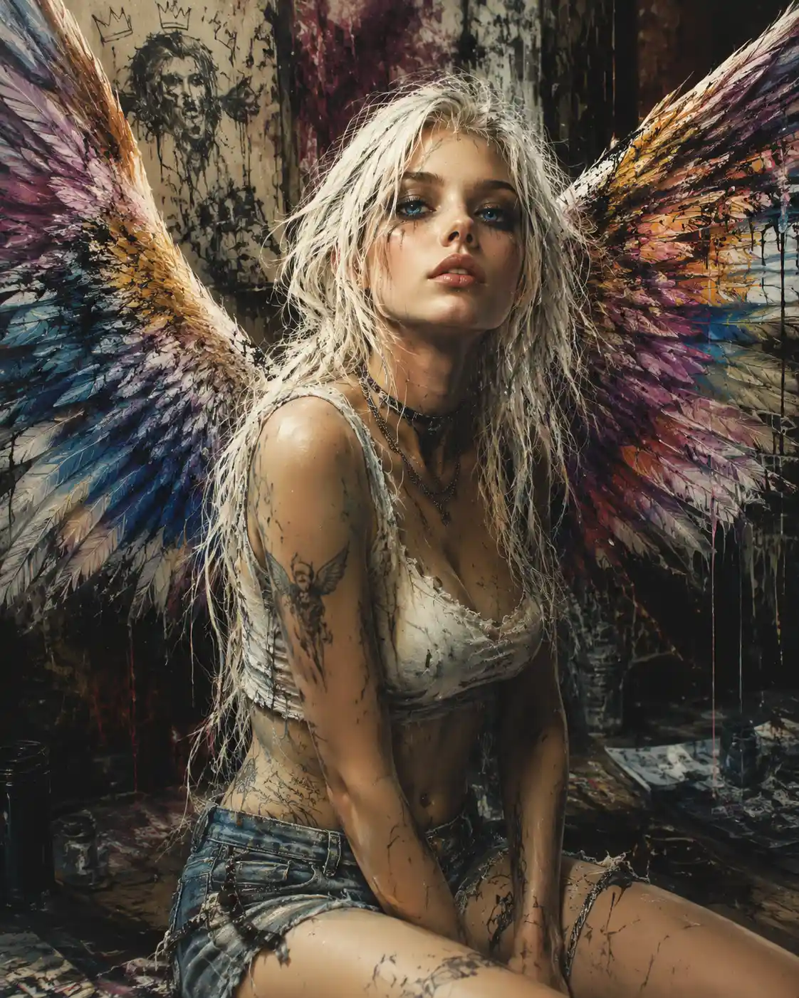 Modern fallen angel woman with colorful graffiti wings