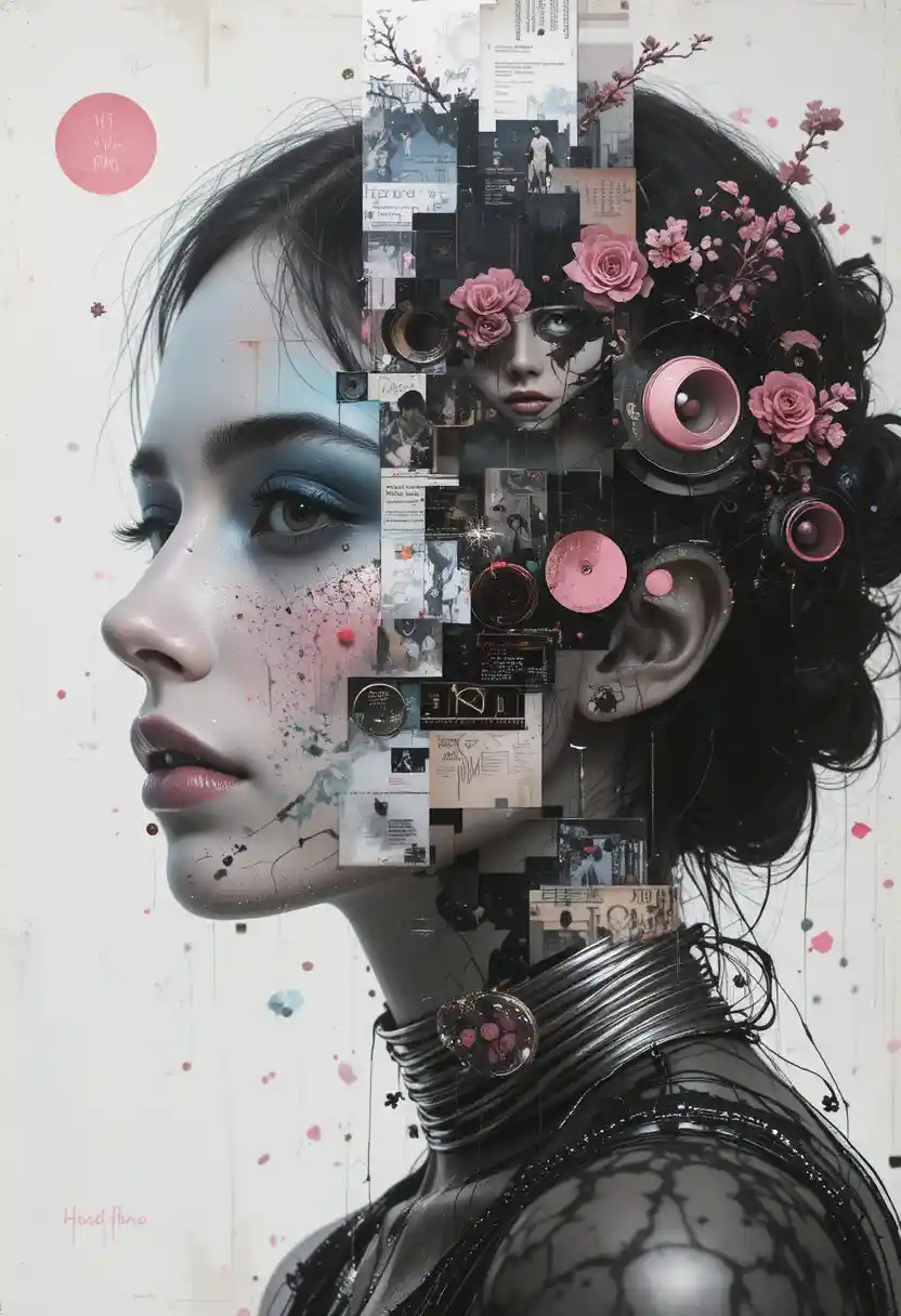 Melancholic mixed media collage of fragmented memories
