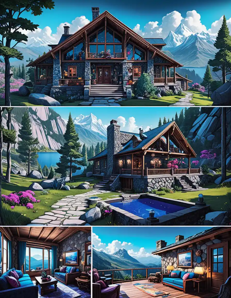 Rustic stone cabin in a stylized mountain landscape