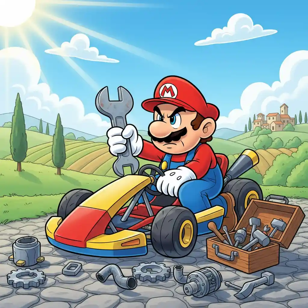 Cartoon racer fixing a colorful kart in sunny countryside