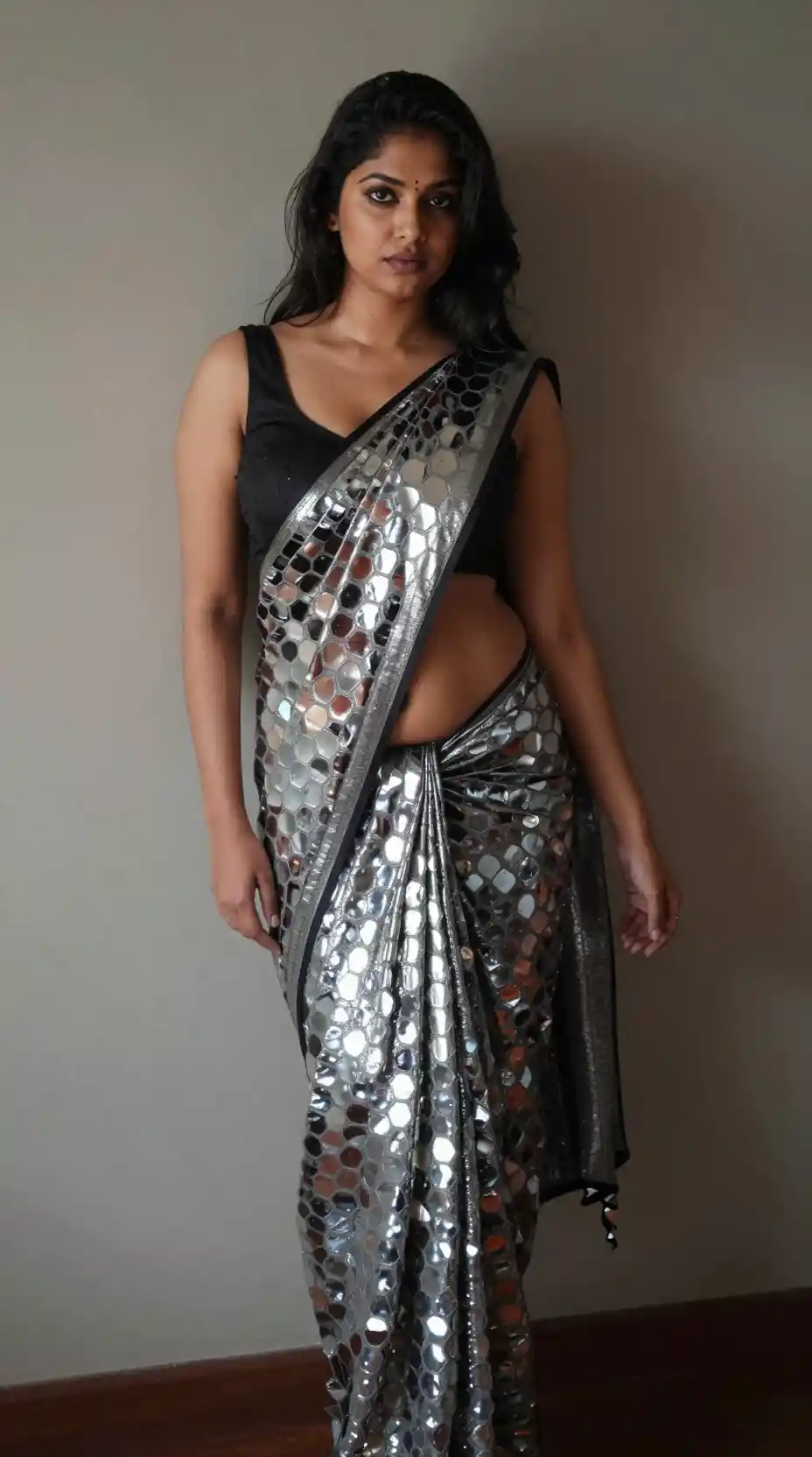 Tamil woman in saree posing with exposed waist and navel