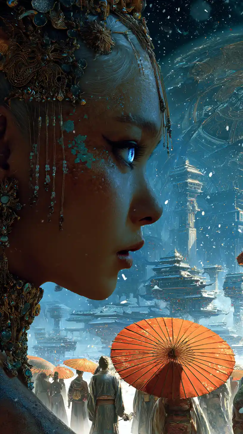 Profile portrait of jeweled woman before futuristic cityscape