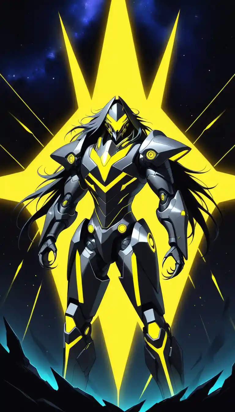Cybernetic warrior with glowing eyes in yellow space storm