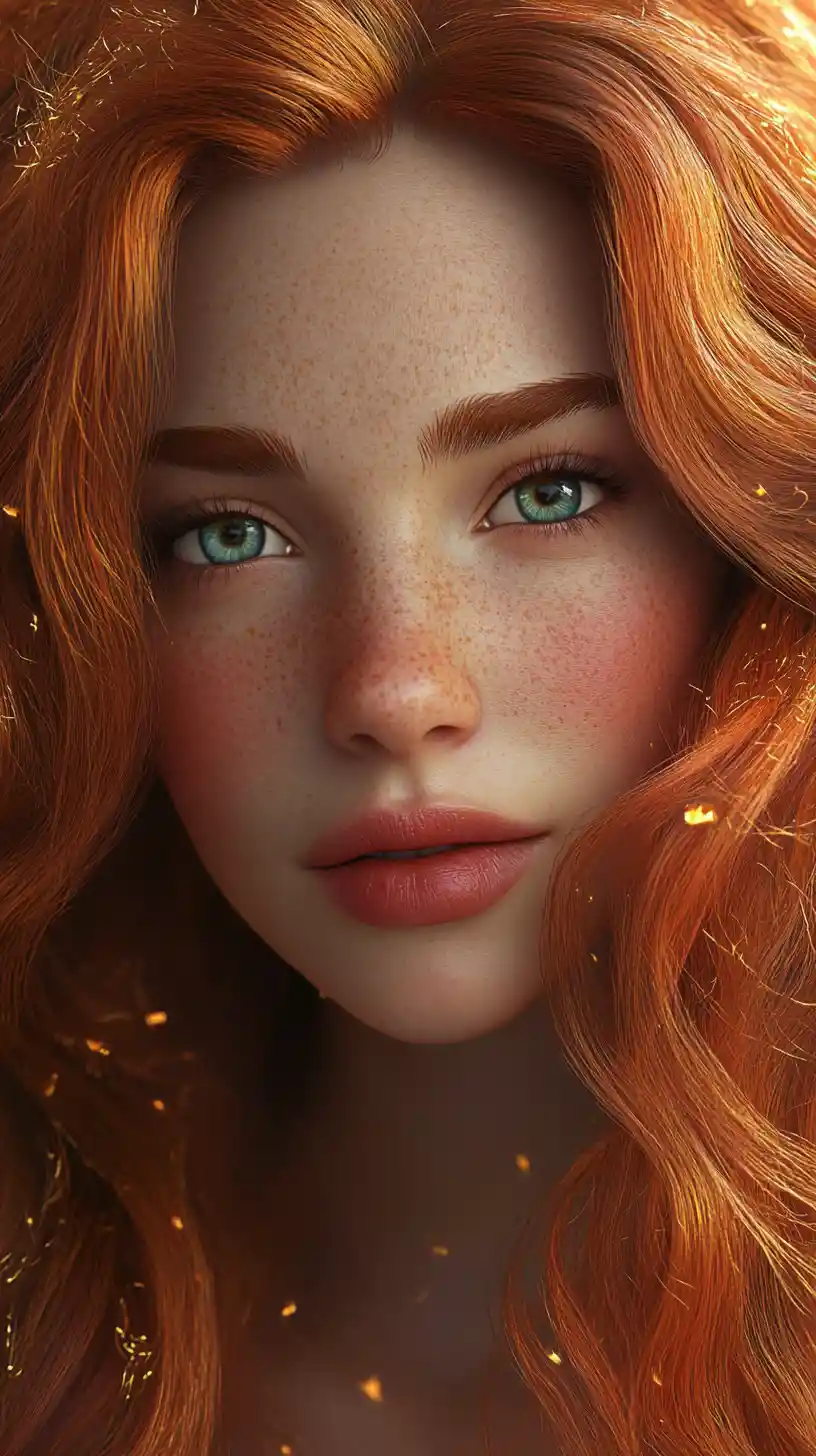 Freckled red haired girl gazing upward in soft light