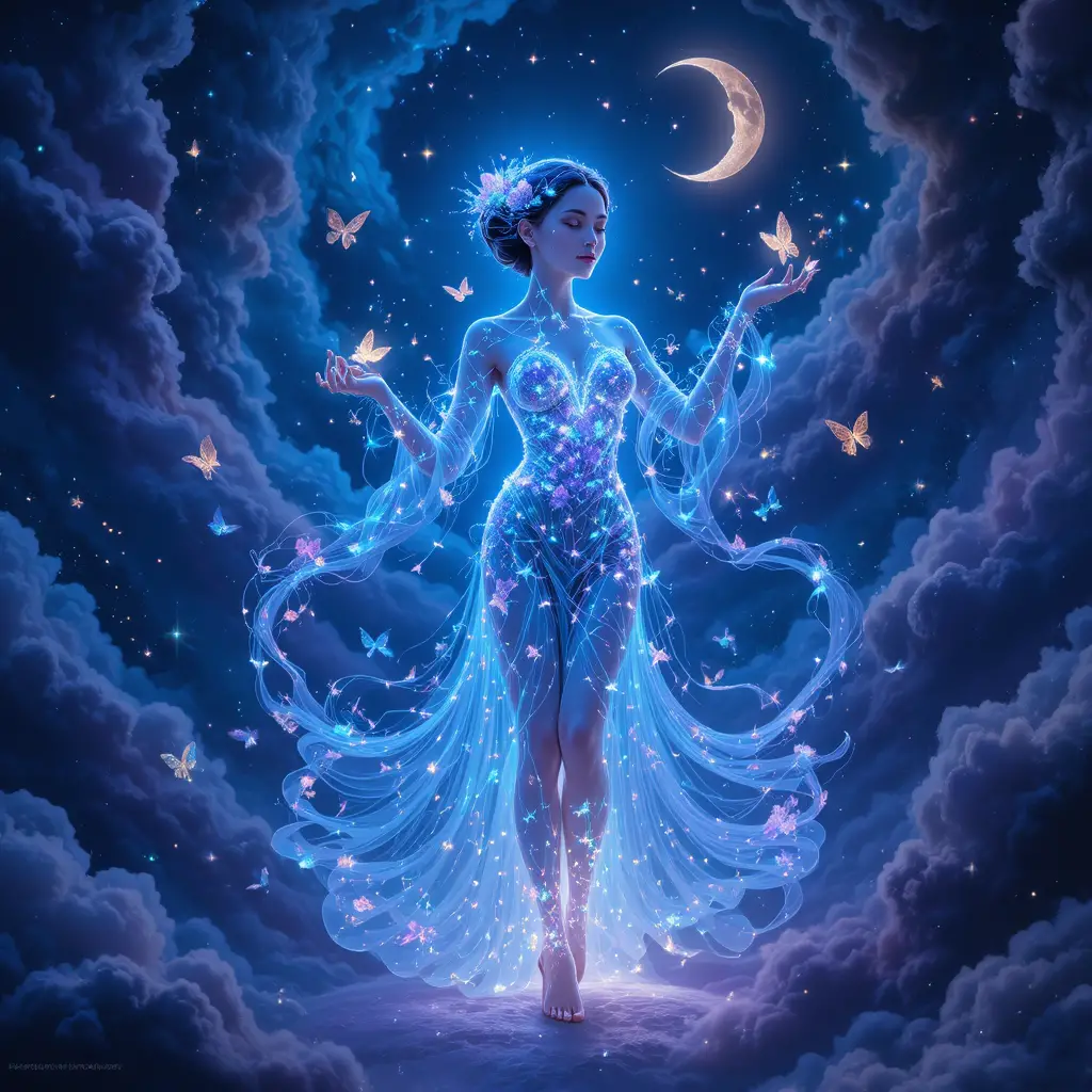 Celestial goddess standing in a swirling indigo cosmic nebula