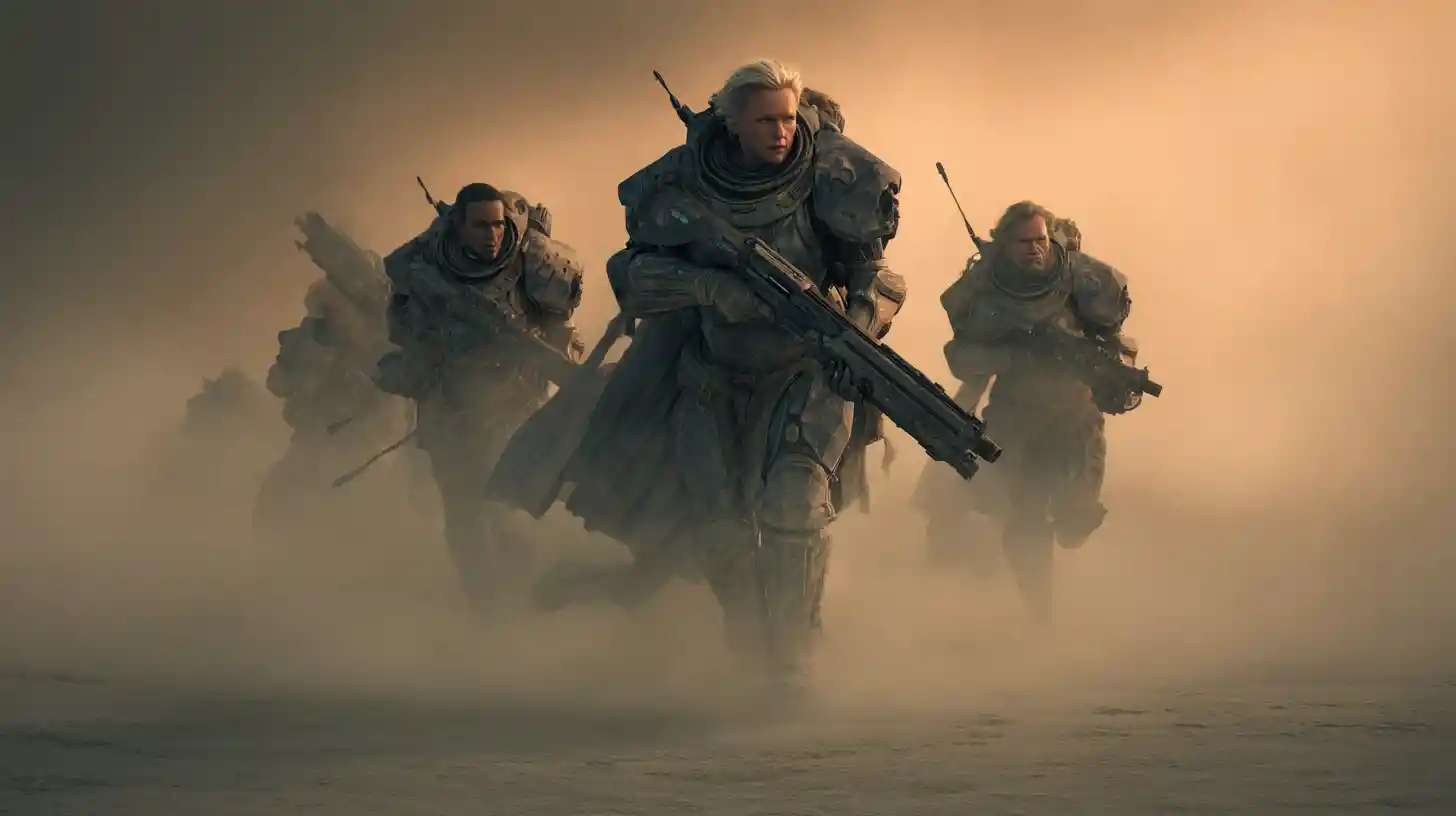 Marines futuristas avanzando en una formación de batalla de ciencia ficción