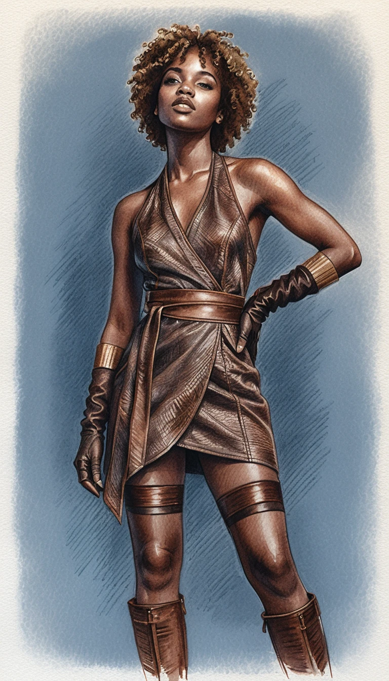 Confident young Black woman in brown leather fashion illustration