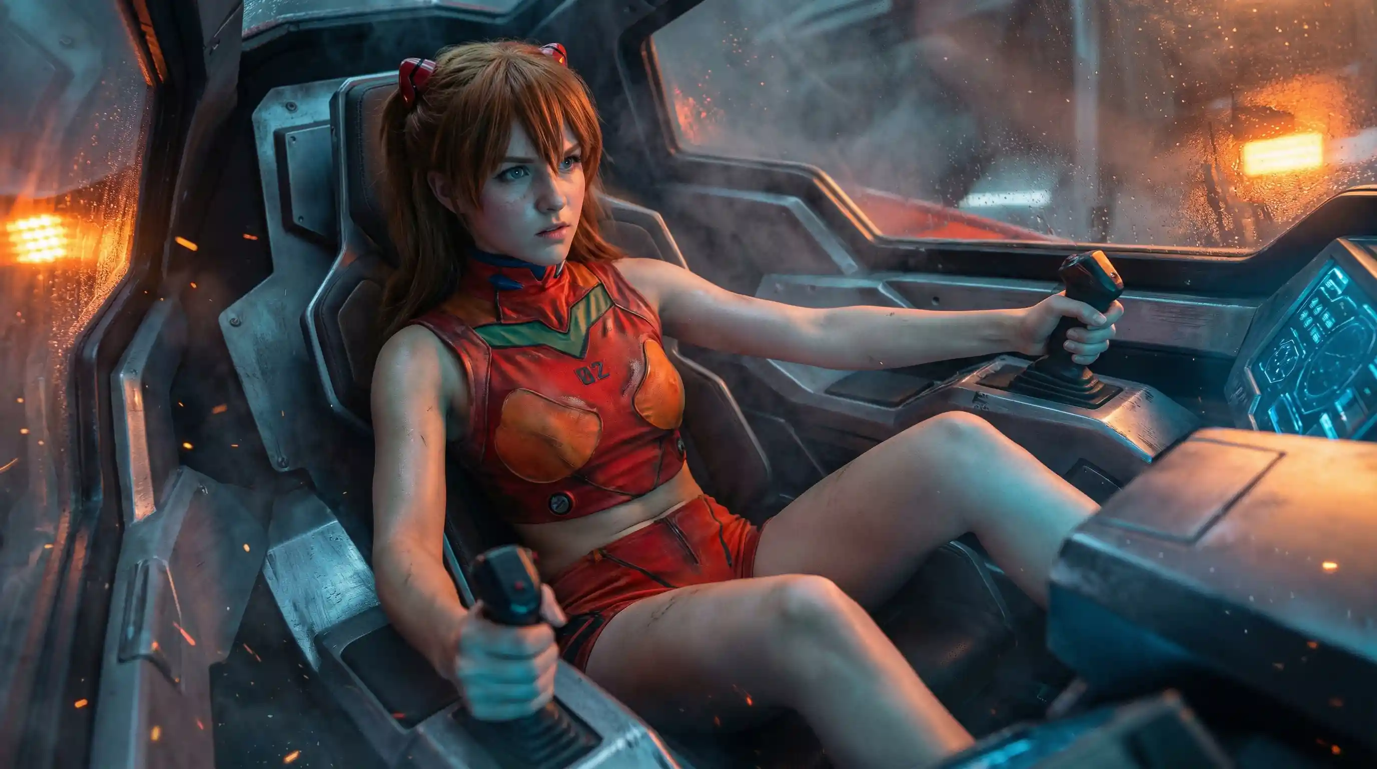 Young mech pilot girl in dramatic sci fi cockpit closeup