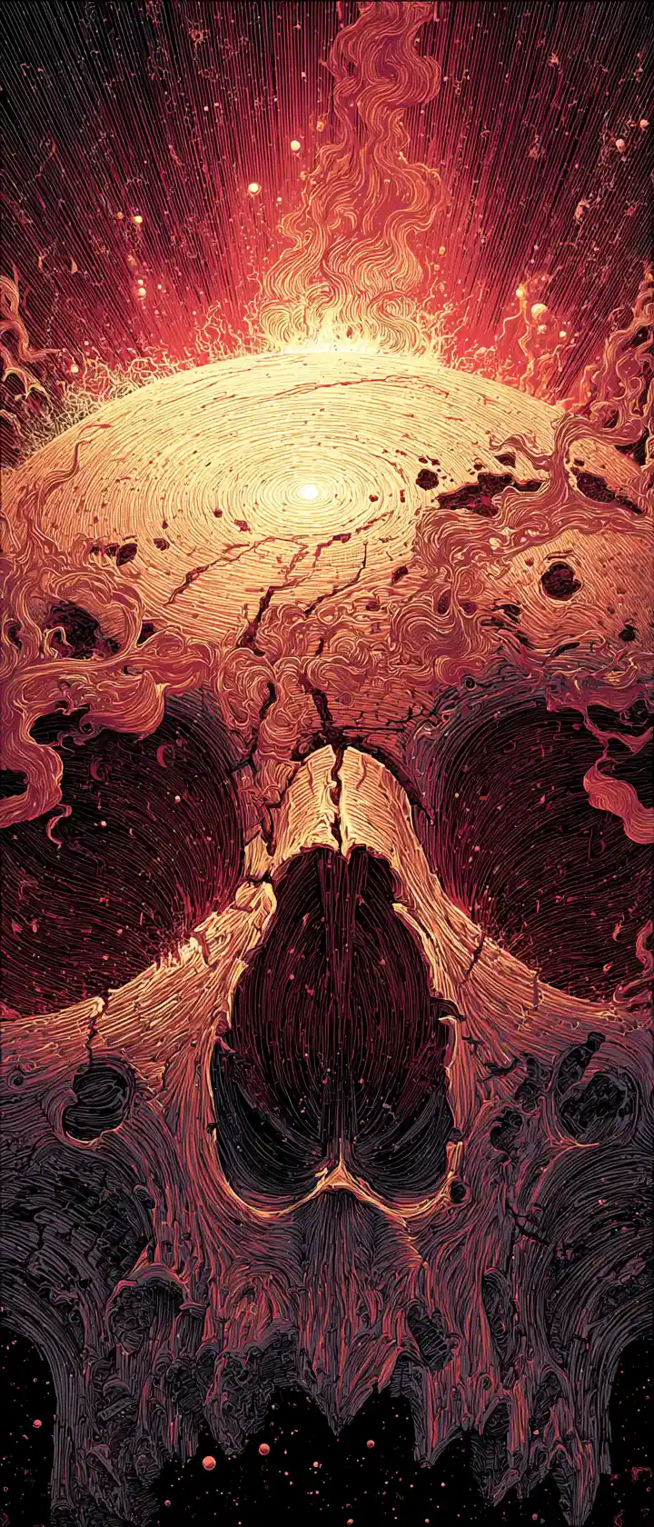 Colossal celestial skull glowing in a dark empty void