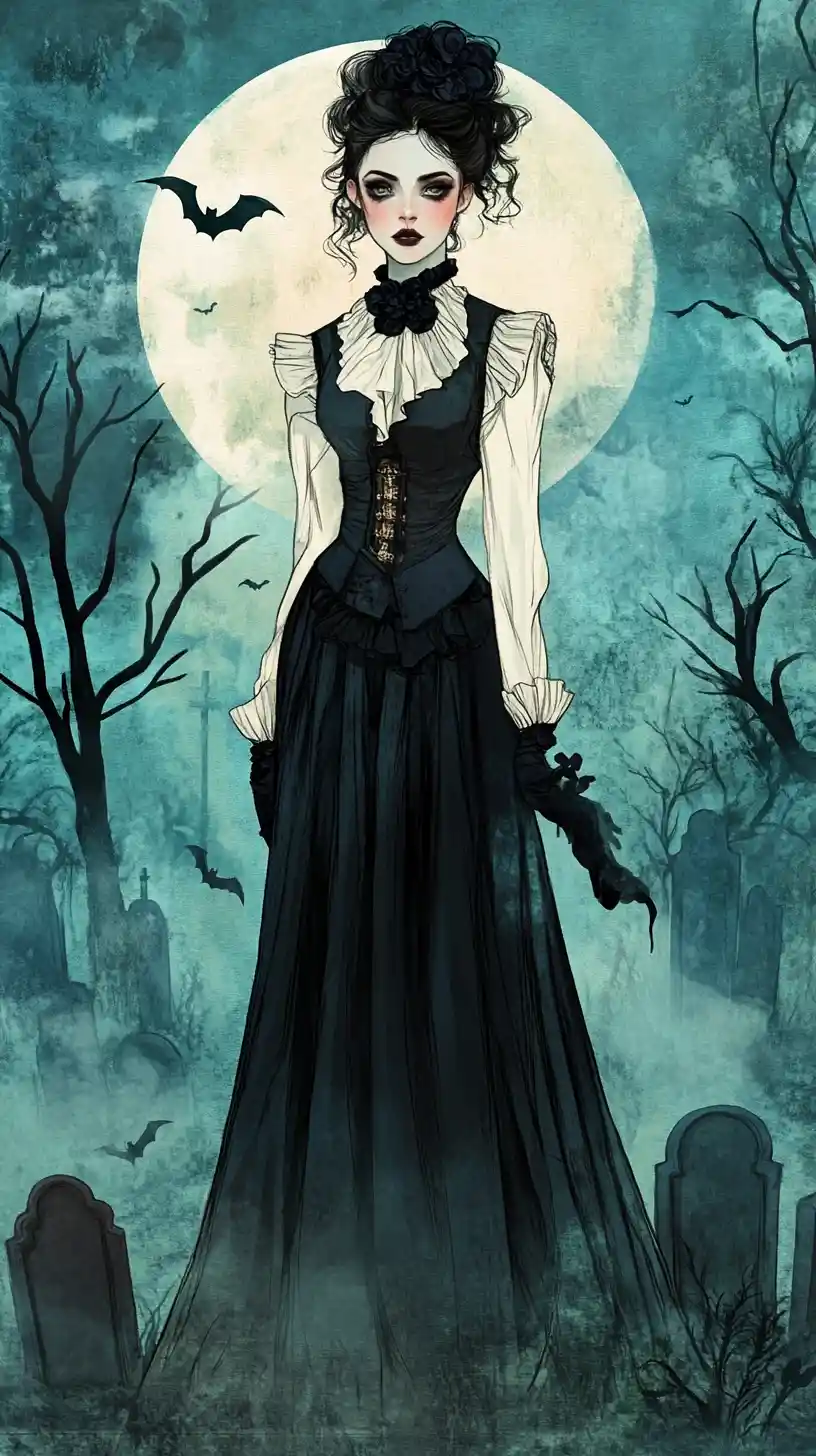 Gothic woman in moonlit graveyard with swirling fog