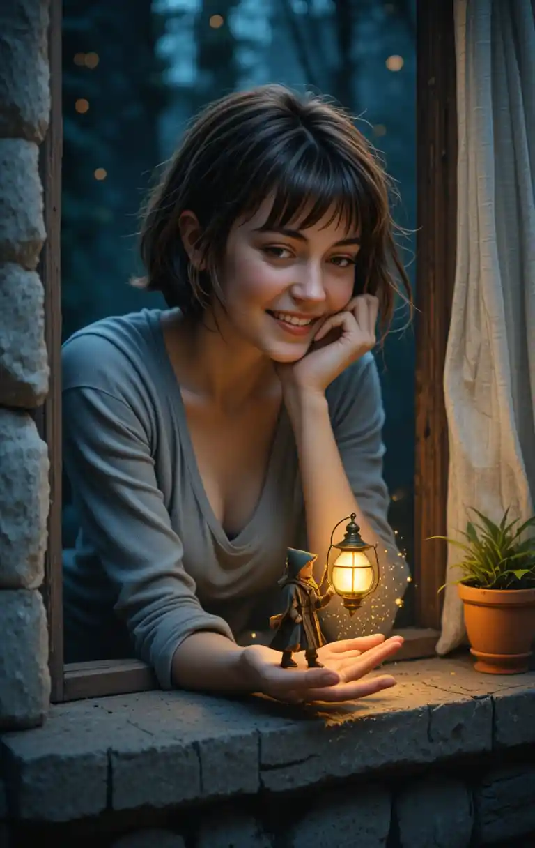 Young woman watching a tiny wizard on her windowsill