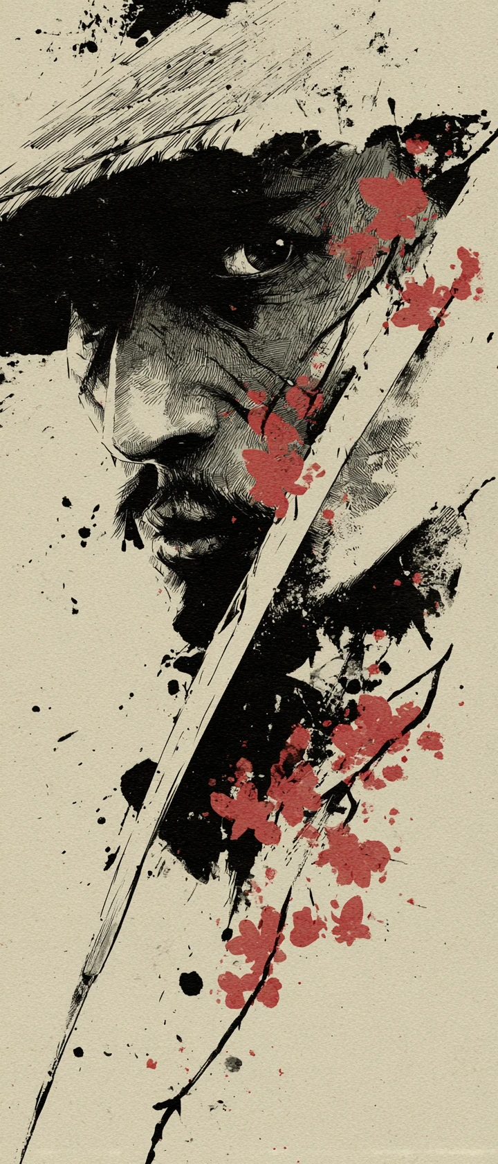 Samurai sword slash in expressive ink with cherry blossoms