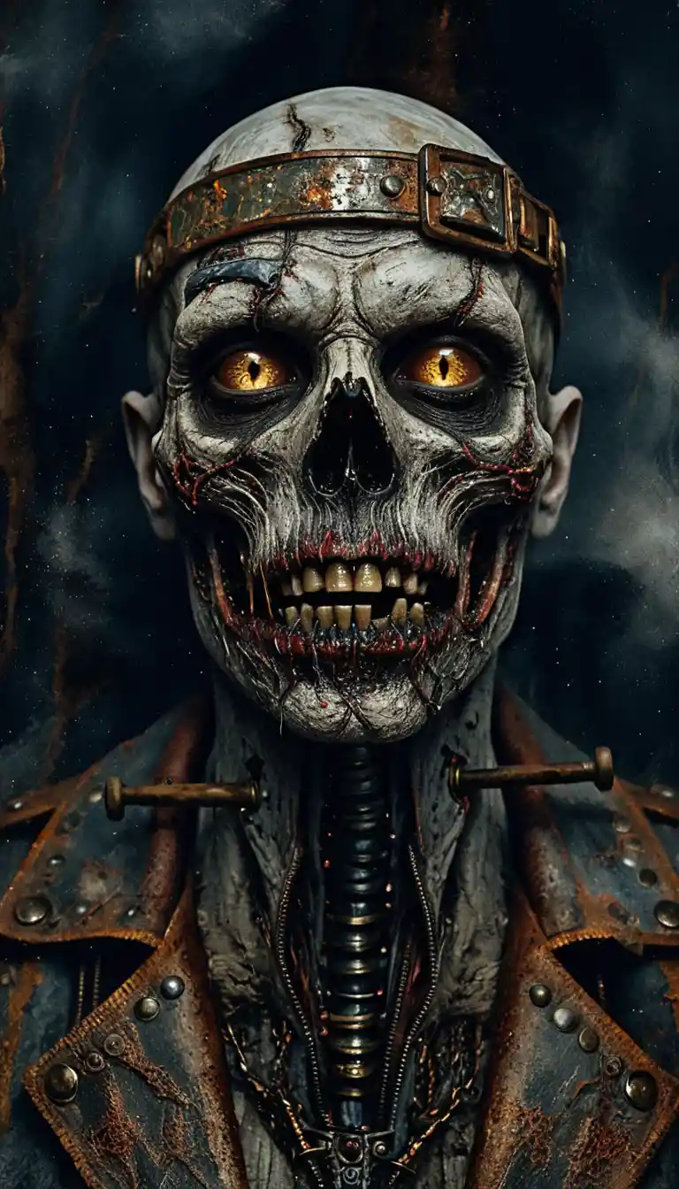 Grotesque humanoid portrait with glowing amber eyes