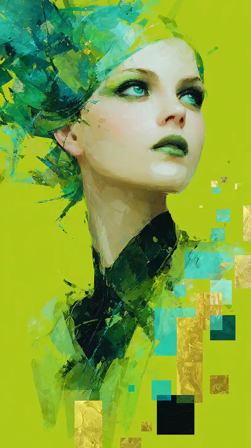 Elegant woman portrait with vivid green abstract hair