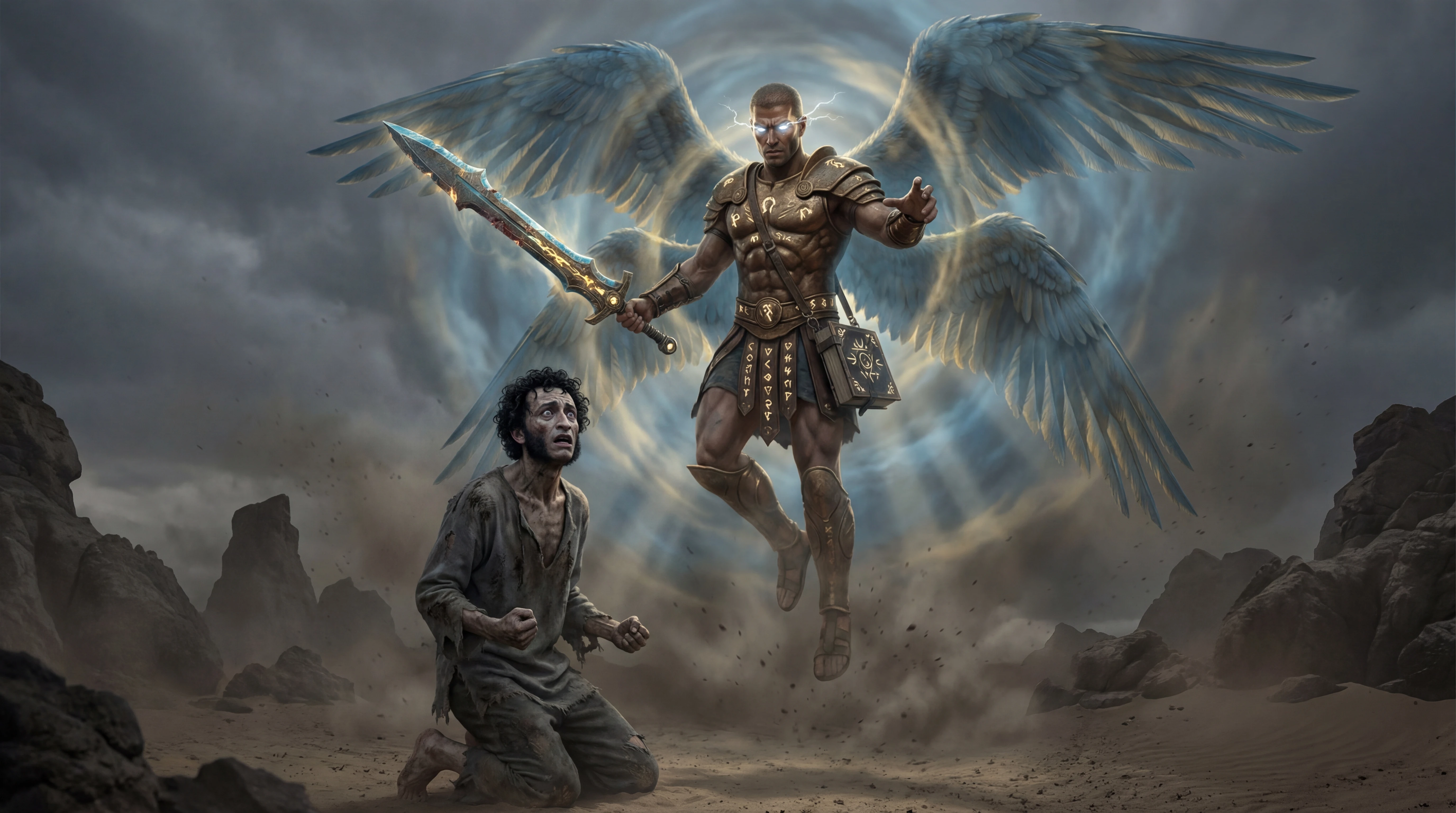 Ominous seraphic angel confronting a lone man in desert twilight