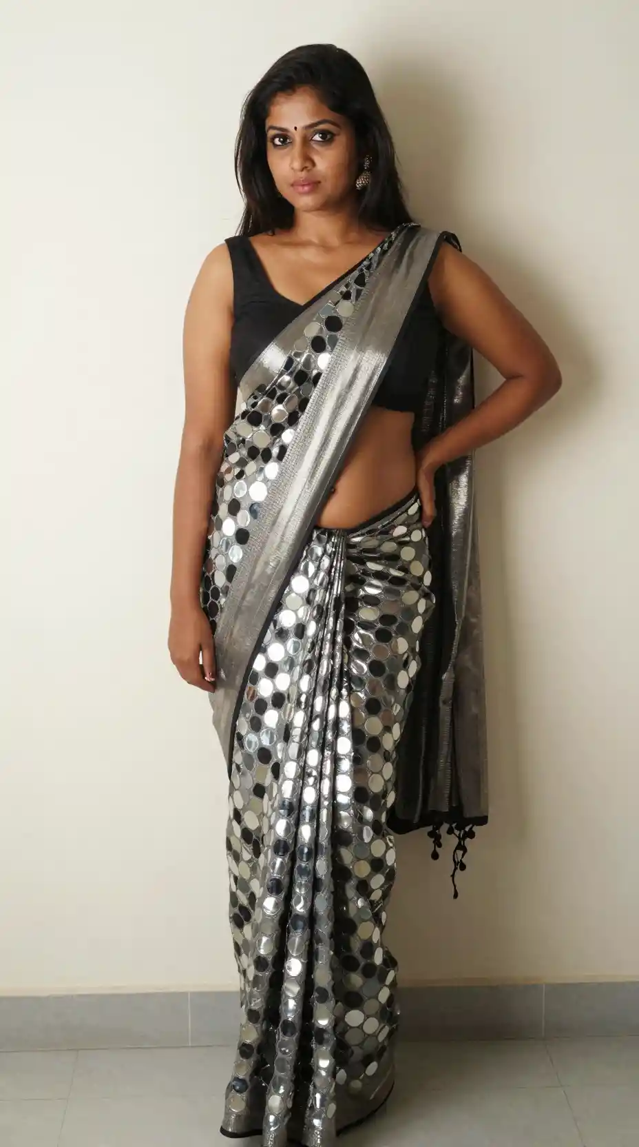 Tamil woman in modern saree posing against a wall