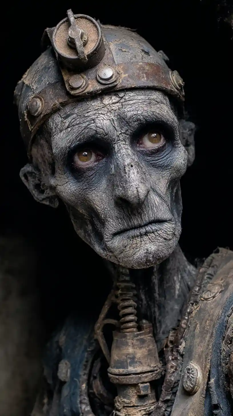 Grotesque necrotic humanoid portrait with glowing amber eyes