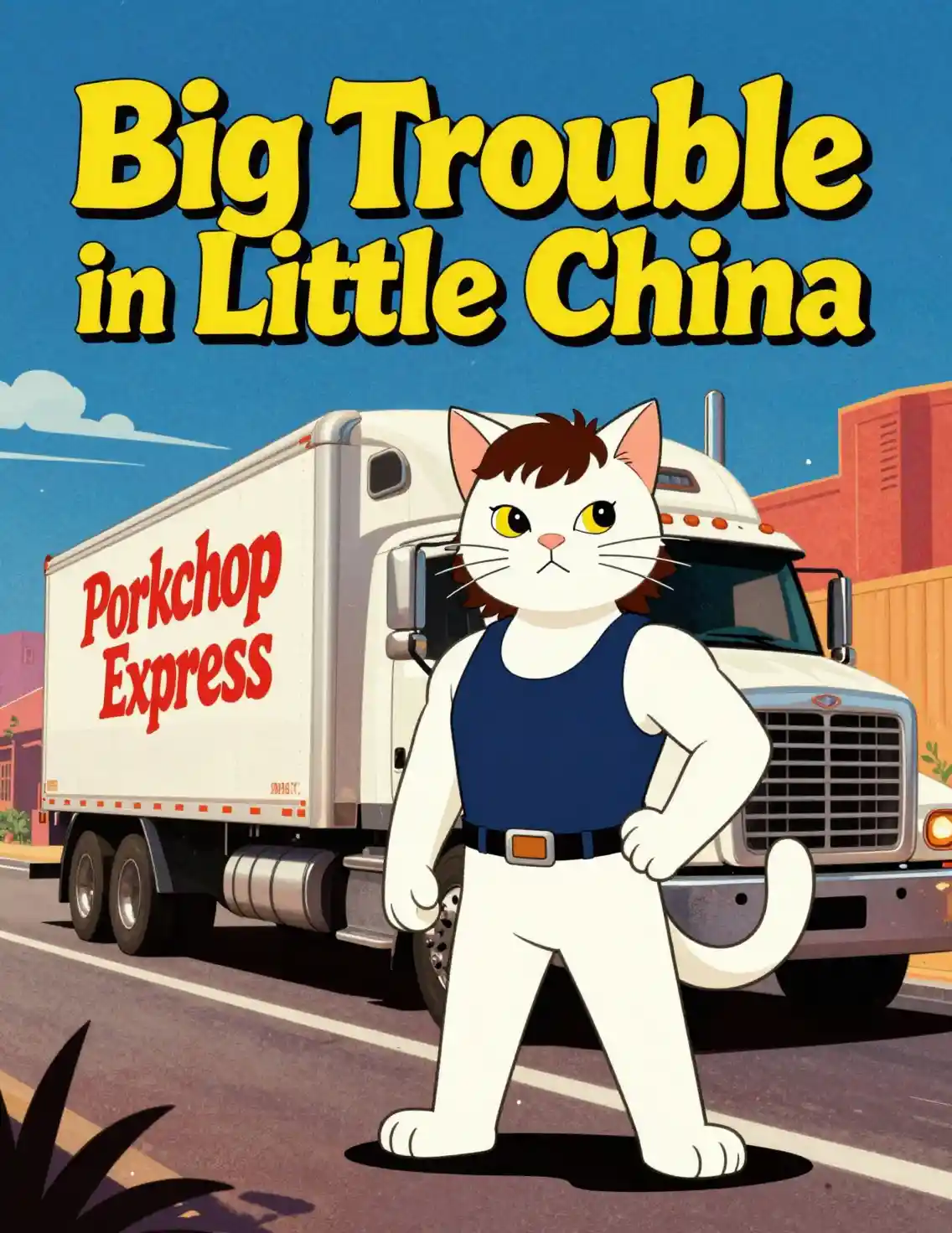Retro cat movie poster with truck and bold 1980s style