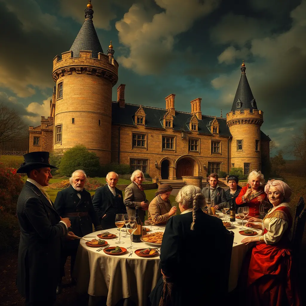 Surreal aristocratic mansion filled with eccentric European guests