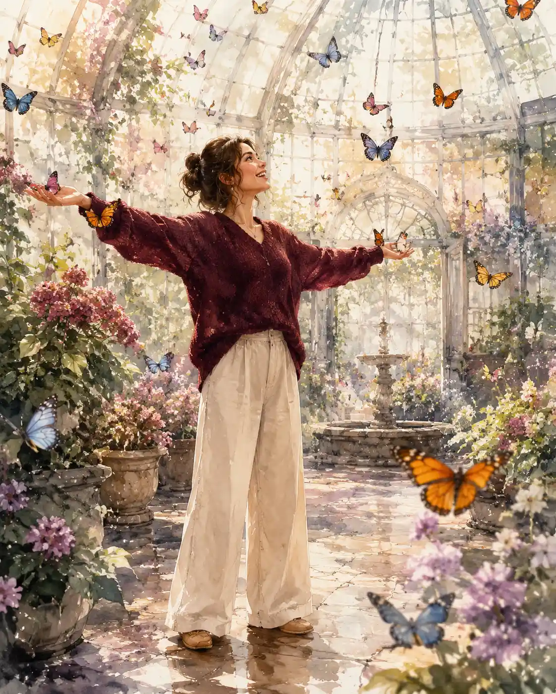 Woman Enjoying Butterflies In A Glass Spring Pavilion
