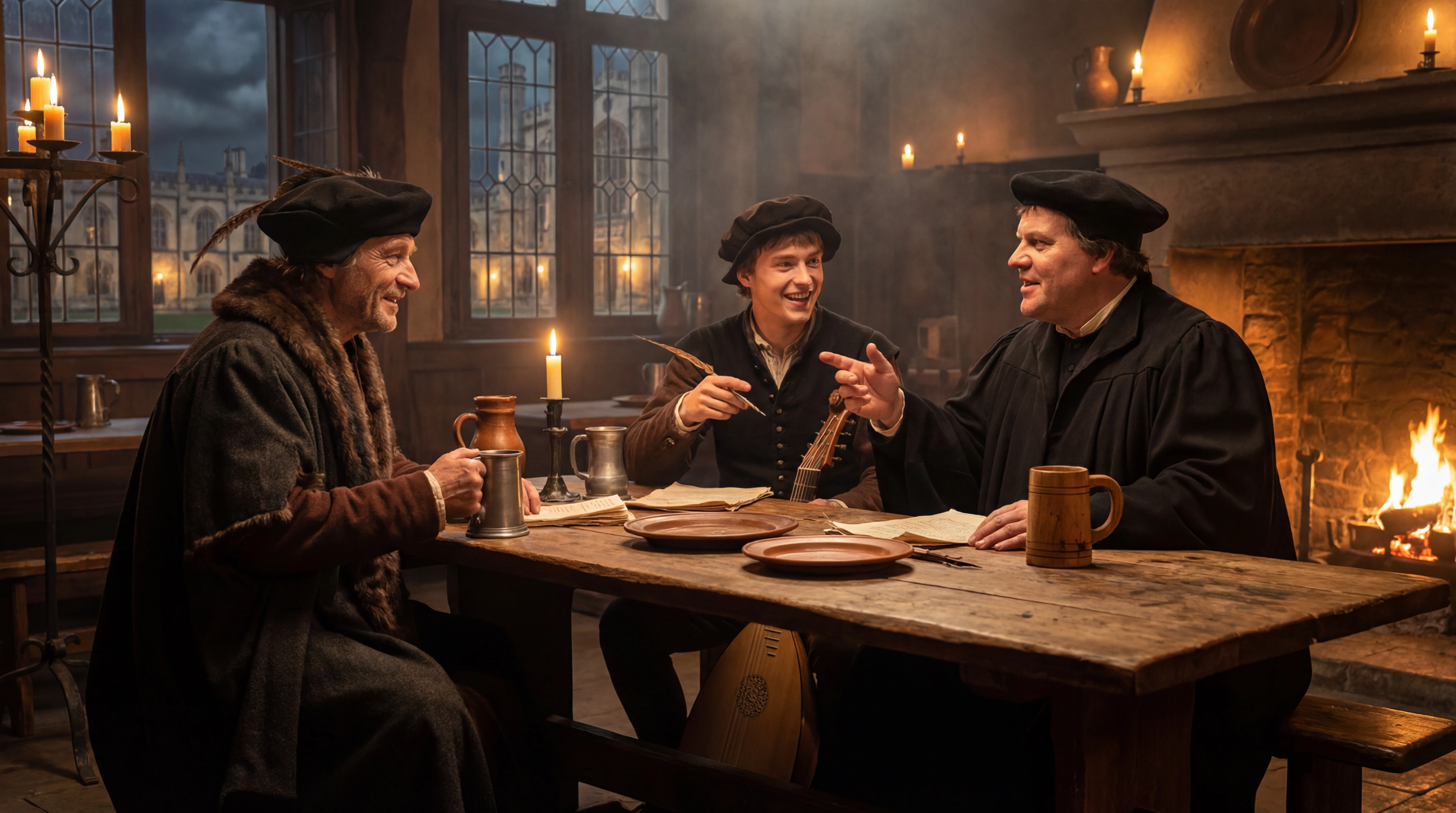Medieval scholars debating in a warm European tavern interior