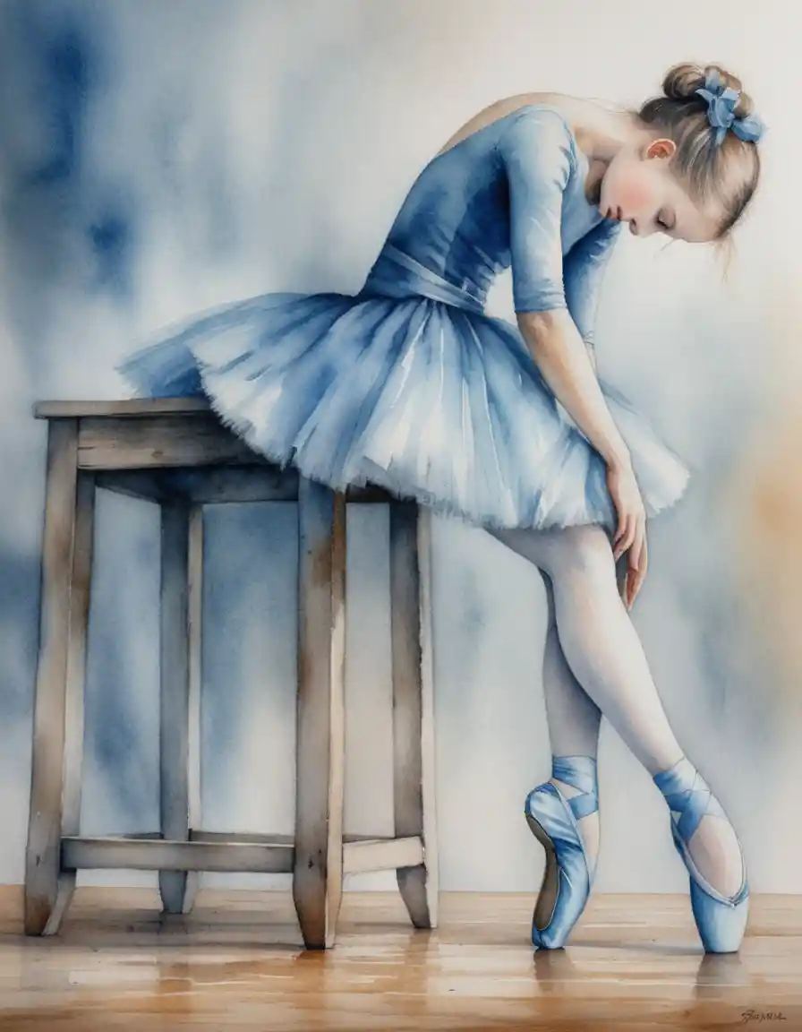 Ballerina seduta con tutù blu su sgabello rustico in legno