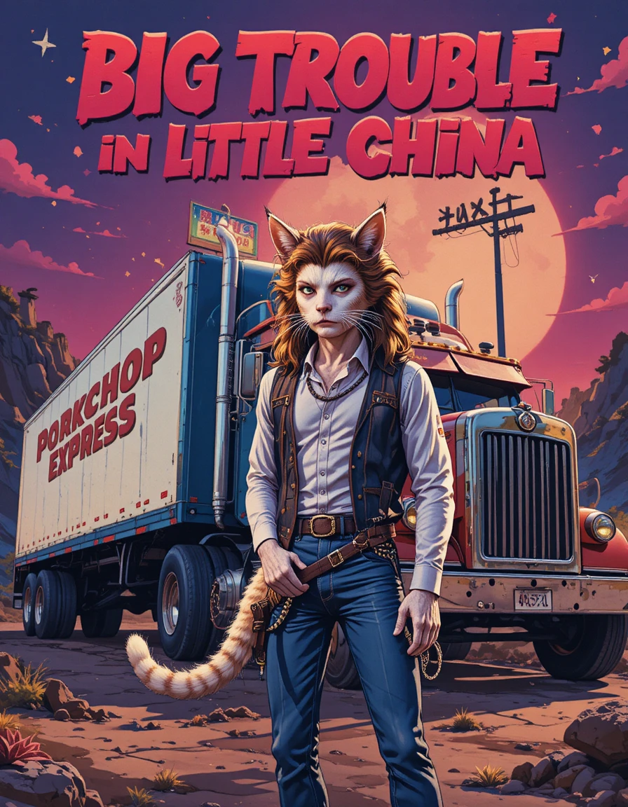 Retro movie poster with heroic cats and a big truck