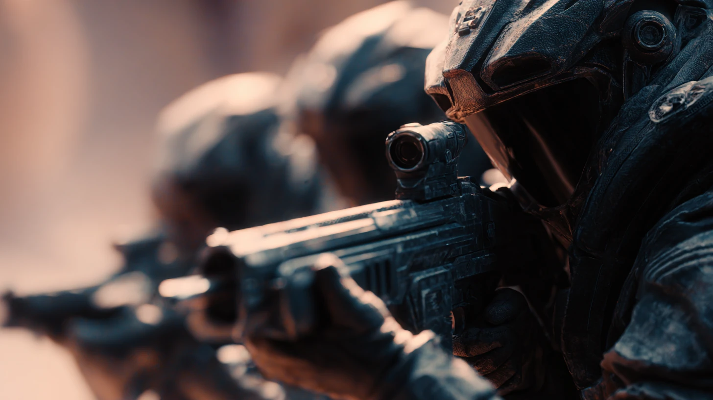 Sci fi marine squad aiming smartgun on alien battlefield