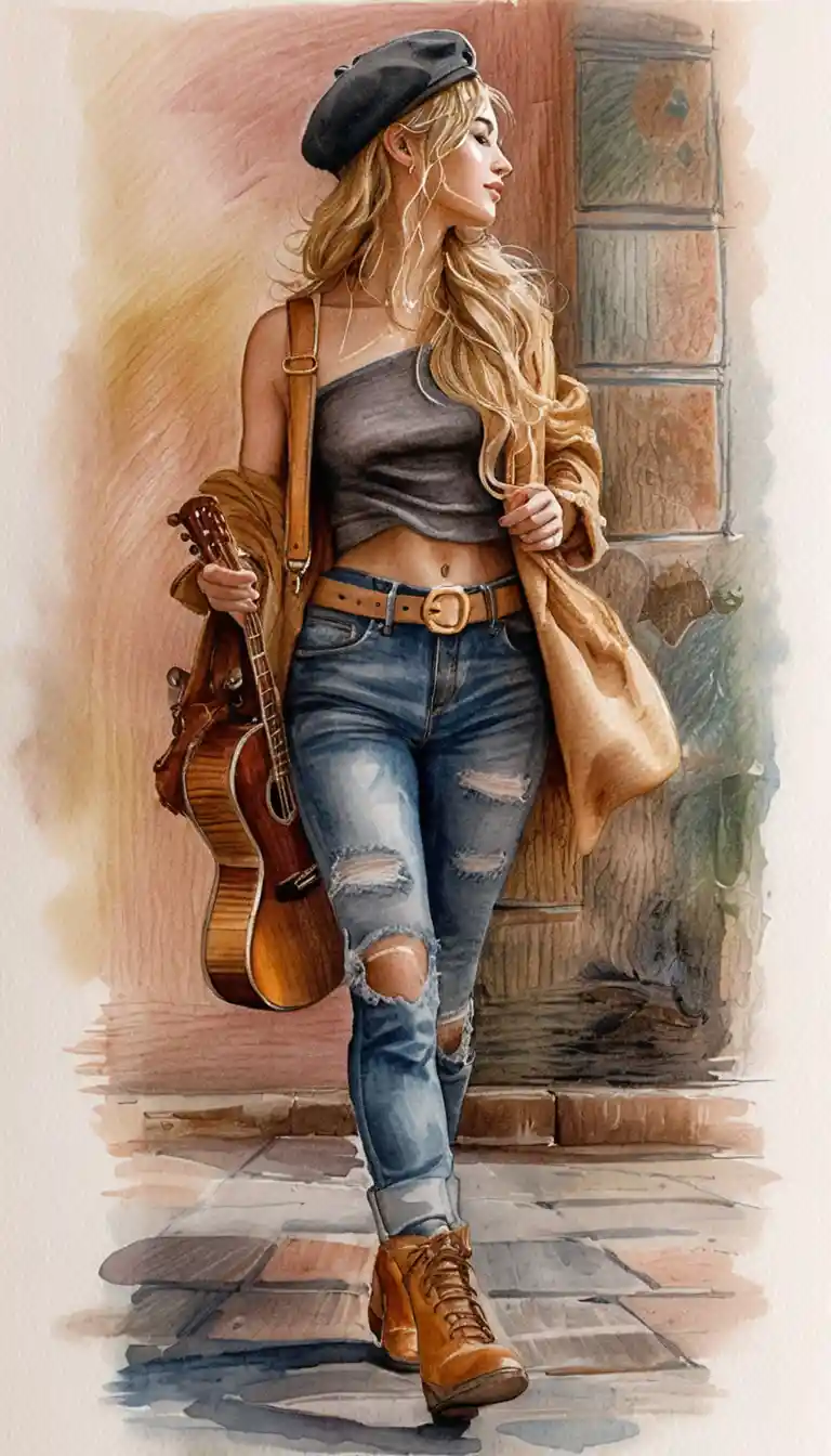 Young woman walking with guitar in urban watercolor scene