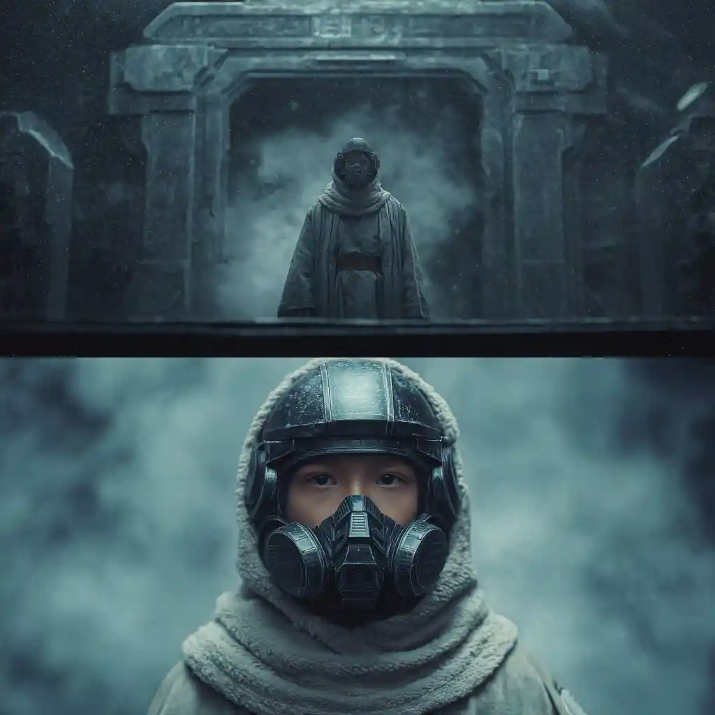 Young traveler monk before a dark metallic monastery gate