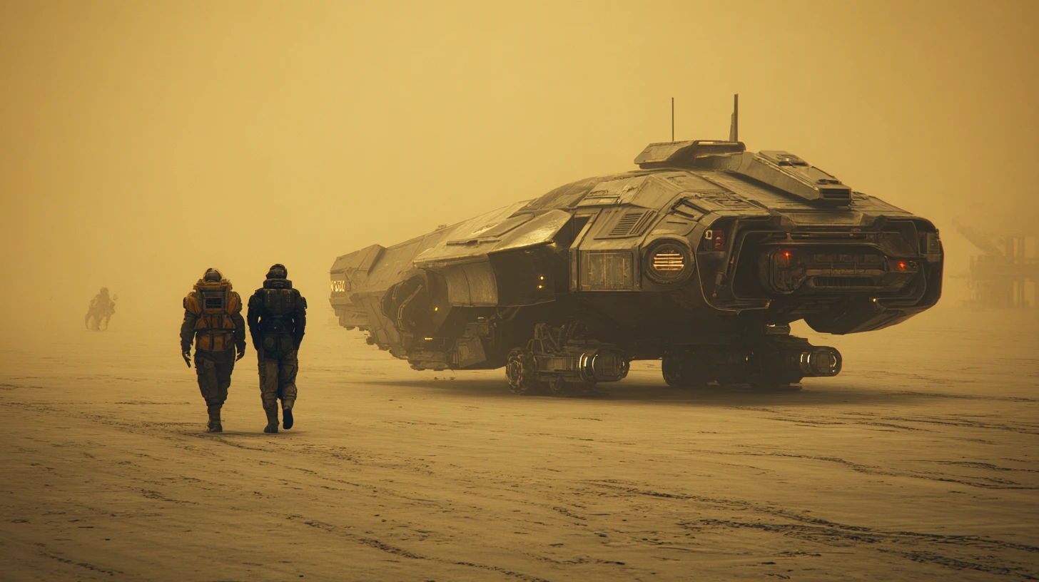 Middle aged man in dark sci fi spaceship corridor
