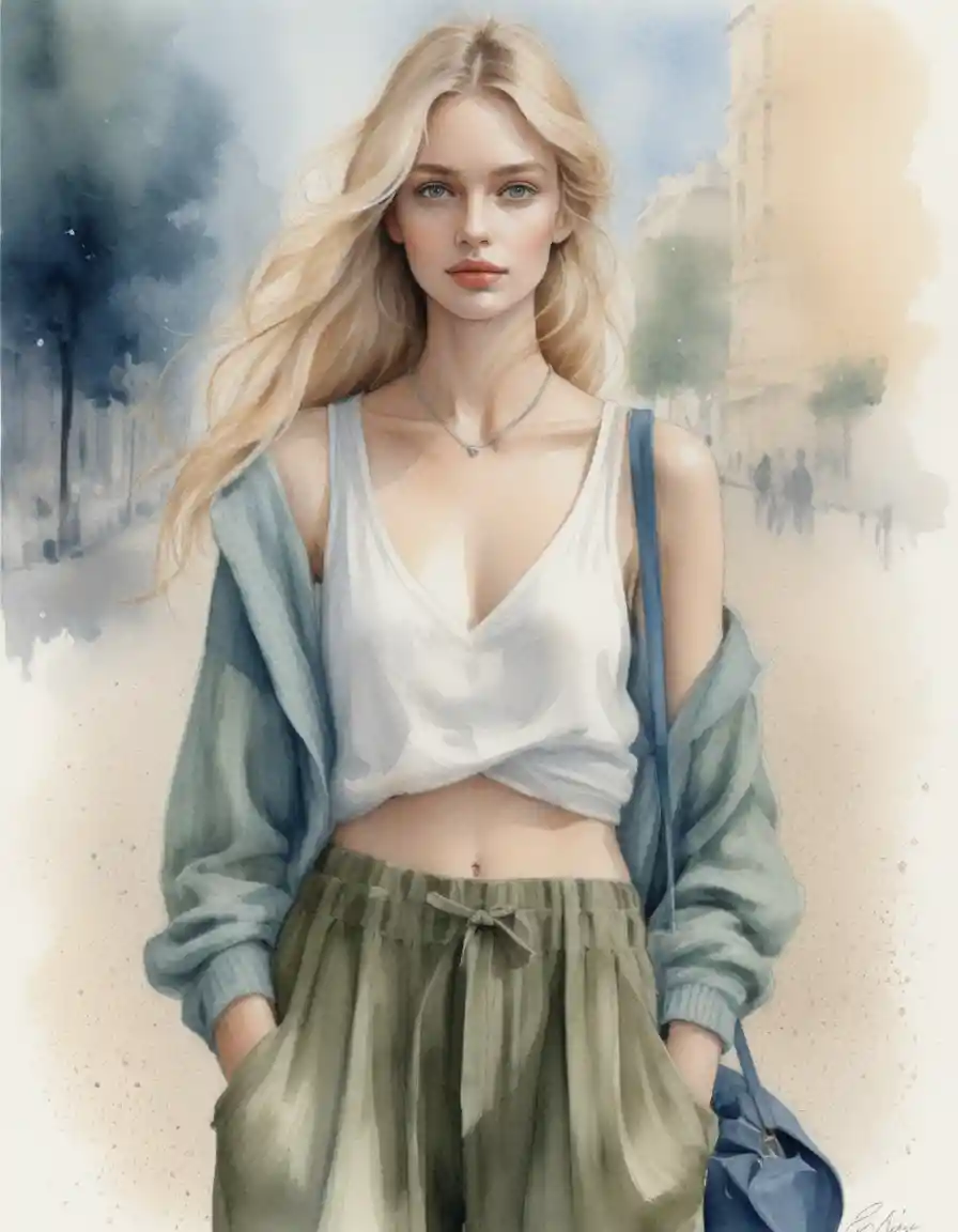 Young blonde woman walking on a Parisian boulevard illustration